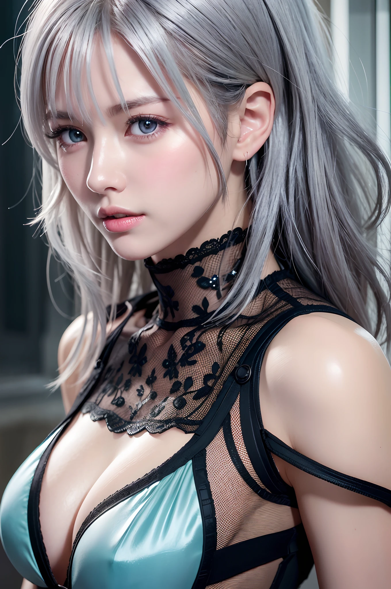 top-quality、8K Masterpiece、超A high resolution、(Photorealsitic:1.3)、Raw photo、女の子1人、silver white hair、glowy skin、1 Cyberpunk Super Beautiful Soldier、((super realistic details))、portlate、globalillumination、Shadow、octan render、8K、ultrasharp、beauty breast、Raw skin is exposed in cleavage、metals、cold color、、highly intricate detail、Realistic light、CGSoation Trends、Beautiful eyes、radiant eyes、Facing the camera、neon details、