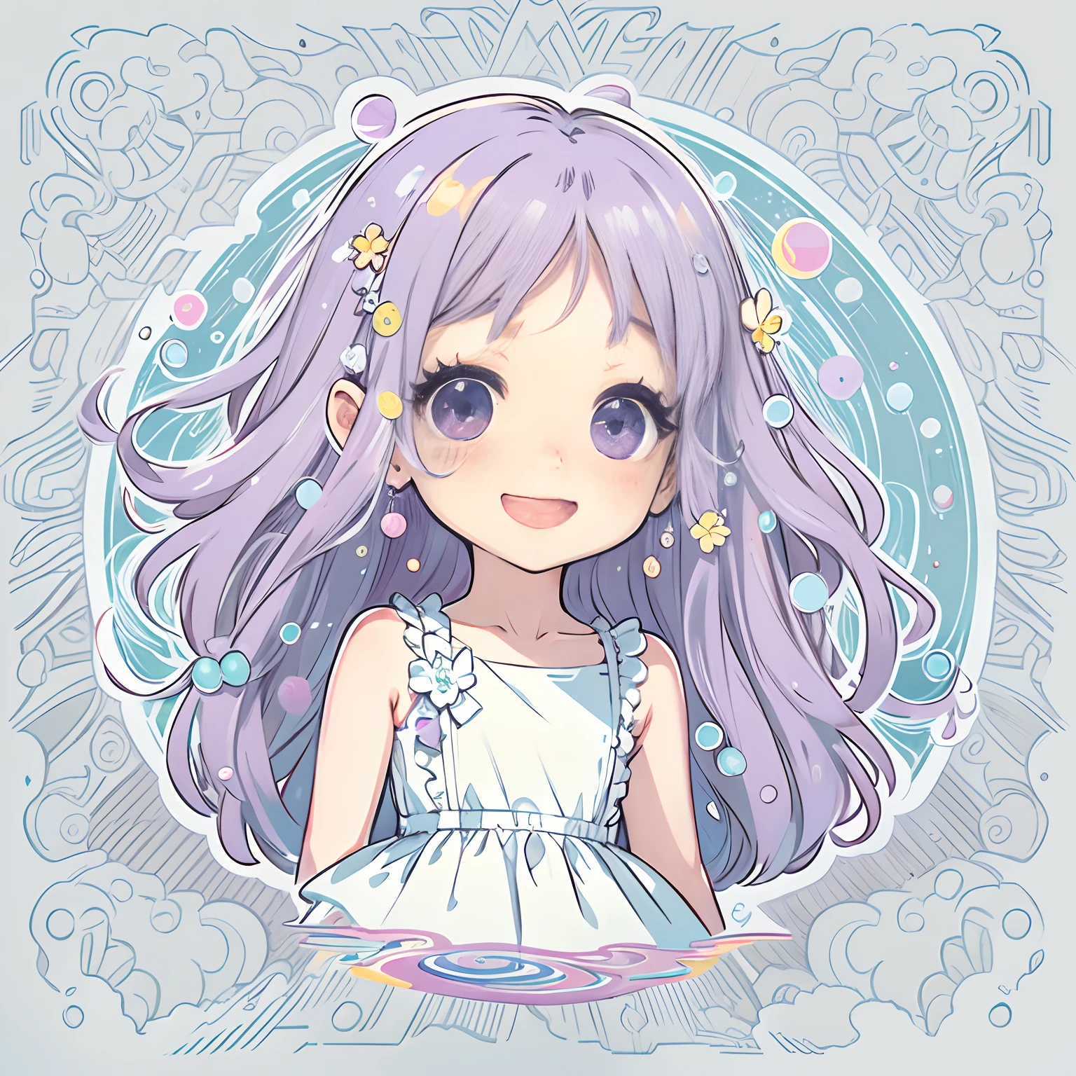 Sticker, Cute anime girl head, Long pink hairstyle,Extra-long hair,Light purple eyes,Cute white dress,The feeling of water droplets around,in circle, White background, Light sky blue background,Lovely smile,Simple, Ultra detailed, Detailed drawing, vectorised, Silhouette, 8K, professional sticker design, Flat design, Vector lines, Sticker, Drawing, Drawing, Full-HD