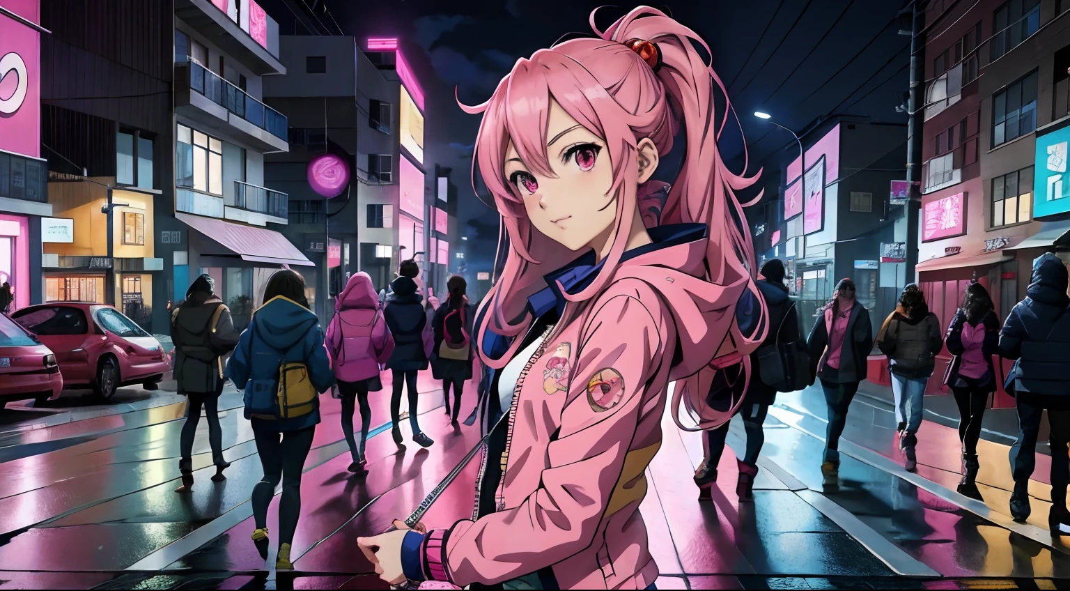 anime girl in pink jacket standing in the middle of a busy city street, night, anime style 4 k, 4k anime wallpaper, anime wallpaper 4 k, anime wallpaper 4k, best anime 4k konachan wallpaper, anime art wallpaper 8 k, badass anime 8 k, anime style. 8k, anime art wallpaper 4k, anime art wallpaper 4 k