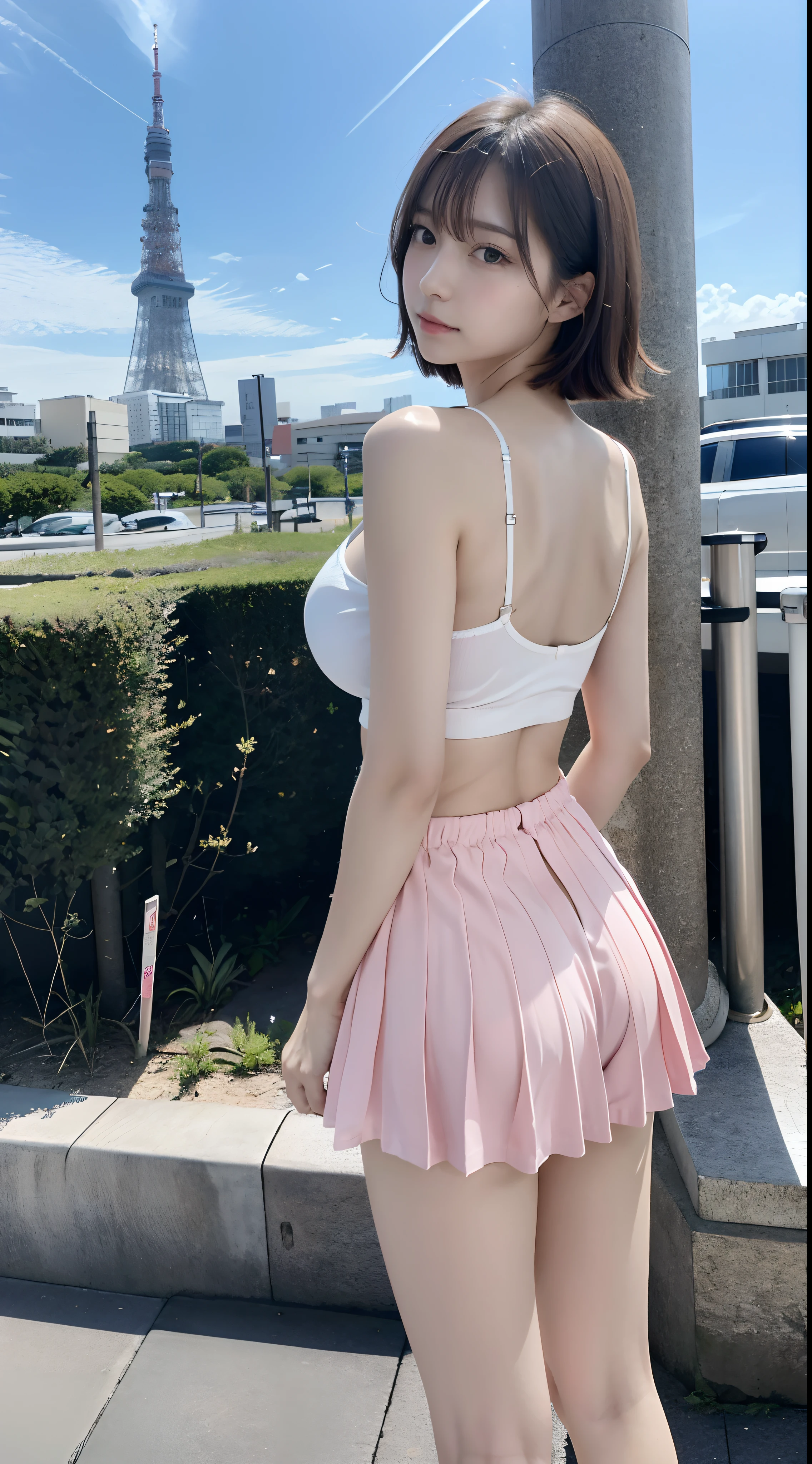 (4k, Highest Quality), (realisitic, Photorealistic), (Yakian),
1 Girl, Solo, (Attribution to viewers),
perfect hand, looking_al_viewer, fair face, Short hair, (Pretty breasts, cleavage:1.2),18 years-old、乃木坂アイドル、pornstar、韓国アイドル、gravure idol, s whole body,Pretty legs, Tight white t-shirt, Super mini pleated skirt, you can see panties, high-heel, Blurry Tokyo Tower background, Pink panties, Look from behind, See the sky from below, The base of the buttocks, boxer shorts