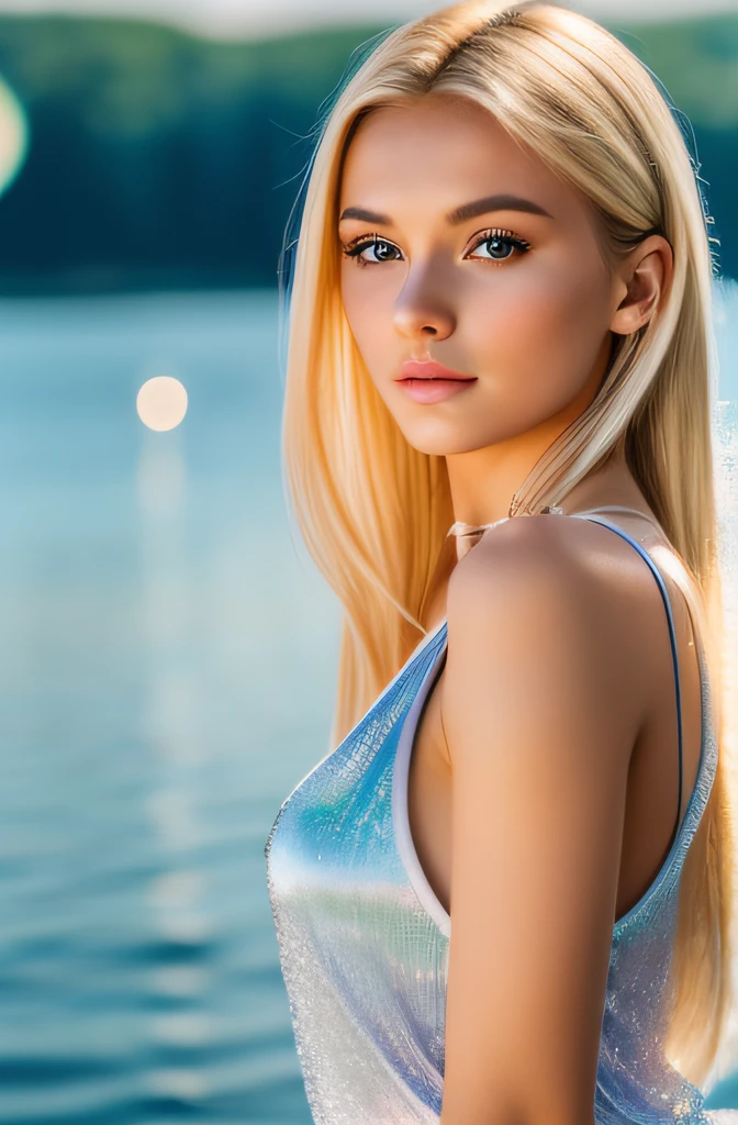 20 year old Eastern European woman,Europe,blonde hair、(full-body view:1.2)、Serious、(Incredible skin details:1.4)、(Natural skin:1.2)、(pores:0.6)、make - up、(A detailed eye:1.2)、lake、High background image quality、Rim Lights、(bokeh dof:1.2)、a picture、movie、Photorealsitic、A hyper-realistic、Glossy spats、Glossy tank top、