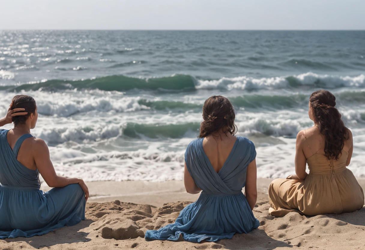 A moving scene of Socrates sharing a deep reflection by the sea, as gentle waves kiss the shore, a diverse group of listeners sitting in a circle around him, absorbing every word with intense concentration, Digital art, shades of blue and gold for highlight the environment