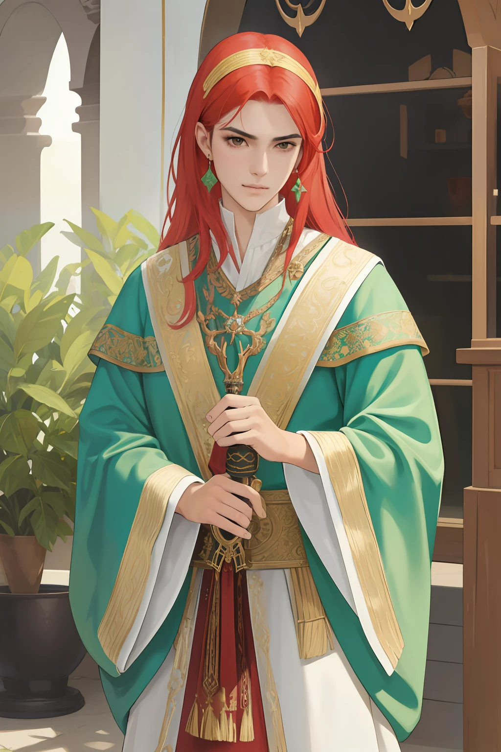 NSFW, obra-prima, melhor qualidade, ultra-detalhado, semi-realista, detailedfacialfeatures,1mulher,Woman wearing clothes from the Ottoman Empire,cabelos compridos vermelhos,olhos verdes,mulher sensual,voluptuosa,seios grandes,bastante feminina,valente,violenta,arrogante,muito bonita,Standing stately holding a Saracen sword,