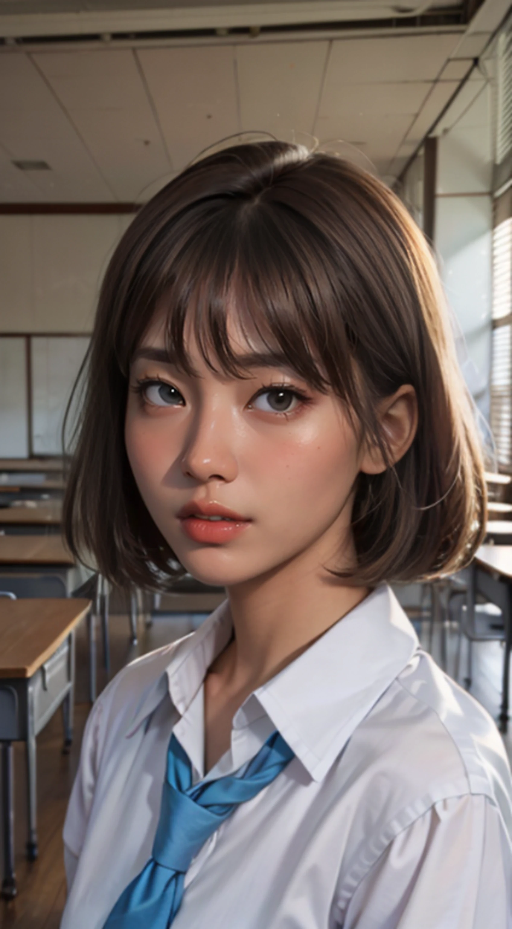 masterpiece, best quality, 8k, 85mm portrait, absurdres, beautiful girl,1girl, brown skin, slightly brown, (upper body:1.5), cute, (school uniform, white shirt, short sleeve, blue grey plain skirt, tie:1.2), bangs between eyes, wavy hair, short hair, (Jakarta classroom:1.2), natural makeup, ultra realistic, high-res, photography, sharp focus, HDR, extreme detailed, ultra detailed, brown skin, symmetrical,classroom,dim lighting, board,