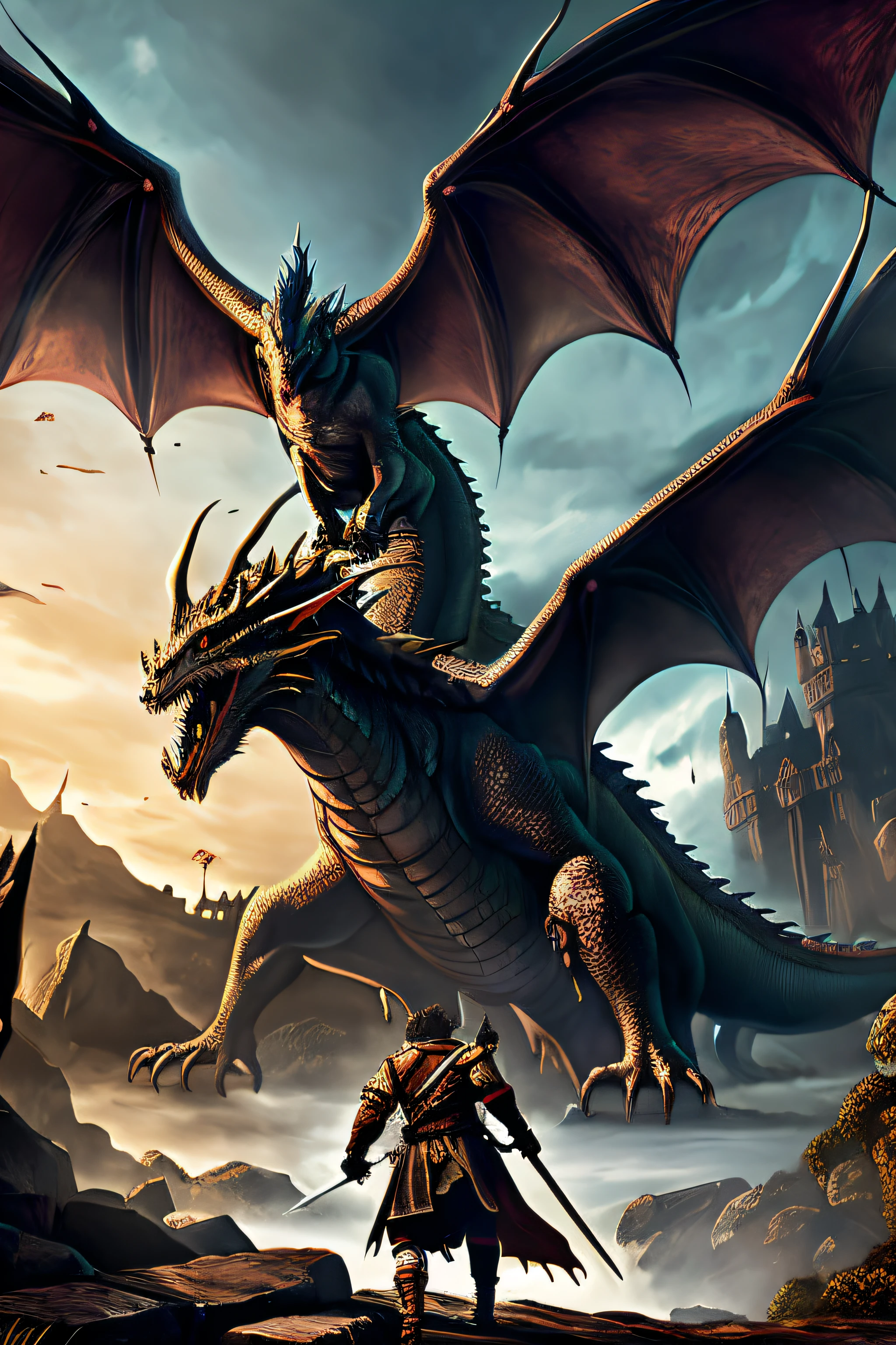 There is a dragon that is flying over a man and a castle, serpe, battle with dragon, d & D Arte Digital Fantasia, dragons, fighting a dragon, epic dragon, Hiper-realista D & d fantasy art, dragon rider, dungeons and dragons art, art of the elder's scrolls, dragon in the background, Dragon age, dragon flying in the background --auto