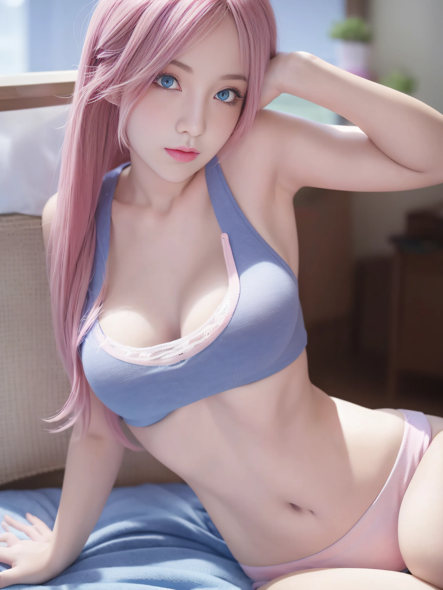 light pink colored hair,Powder-blue pupils,Wear a school uniform with a combination of pink and blue,Milky ,super beautifulgirl, 19yo face, 19yo body, small body