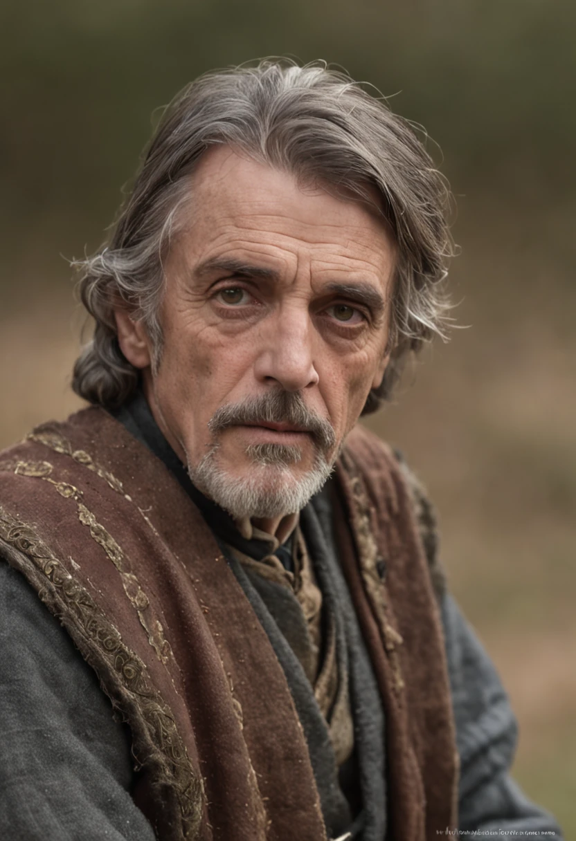 Portrait Photography, face shot of a mix between Jeremy Irons and Ian McShane as a medieval fantasy 50 year-old shepherd, wrinkly, revolting looks, short salt and pepper hair, goatee, serious expression, medieval fantasy shepherd clothes, in a medieval countryside, The colors are masterfully captured by Nikon D850 and a Nikon AF-S NIKKOR 70-200mm f/2.8E FL ED VR lens, Peter Jackson, fantasy, historical