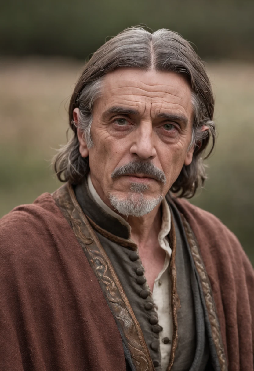 Portrait Photography, face shot of a mix between Jeremy Irons and Ian McShane as a medieval fantasy 50 year-old shepherd, wrinkly, revolting looks, short salt and pepper hair, goatee, serious expression, medieval fantasy shepherd clothes, in a medieval countryside, The colors are masterfully captured by Nikon D850 and a Nikon AF-S NIKKOR 70-200mm f/2.8E FL ED VR lens, Peter Jackson, fantasy, historical