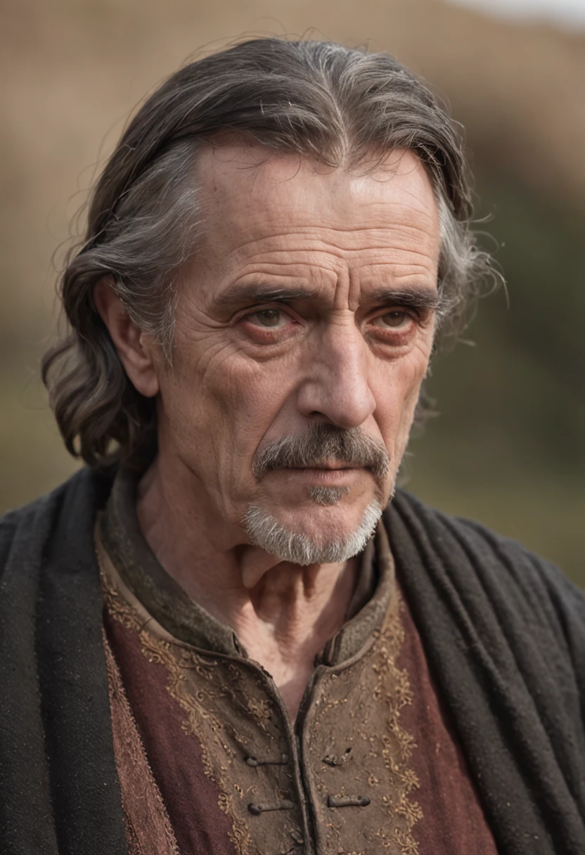 Portrait Photography, face shot of a mix between Jeremy Irons and Ian McShane as a medieval fantasy 50 year-old shepherd, wrinkly, revolting looks, short salt and pepper hair, goatee, serious expression, medieval fantasy shepherd clothes, in a medieval countryside, The colors are masterfully captured by Nikon D850 and a Nikon AF-S NIKKOR 70-200mm f/2.8E FL ED VR lens, Peter Jackson, fantasy, historical