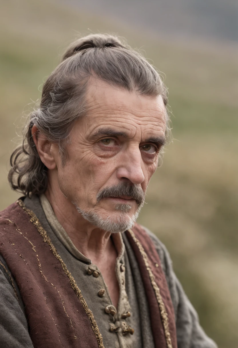 Portrait Photography, face shot of a mix between Jeremy Irons and Ian McShane as a medieval fantasy 50 year-old shepherd, wrinkly, revolting looks, short salt and pepper hair, goatee, serious expression, medieval fantasy shepherd clothes, in a medieval countryside, The colors are masterfully captured by Nikon D850 and a Nikon AF-S NIKKOR 70-200mm f/2.8E FL ED VR lens, Peter Jackson, fantasy, historical