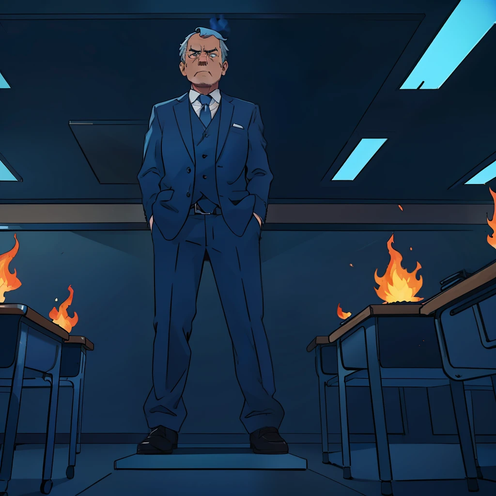 A middle-aged man,dressed in a suit,Stand on the podium of the classroom,angry look,The body is surrounded by pale blue flames