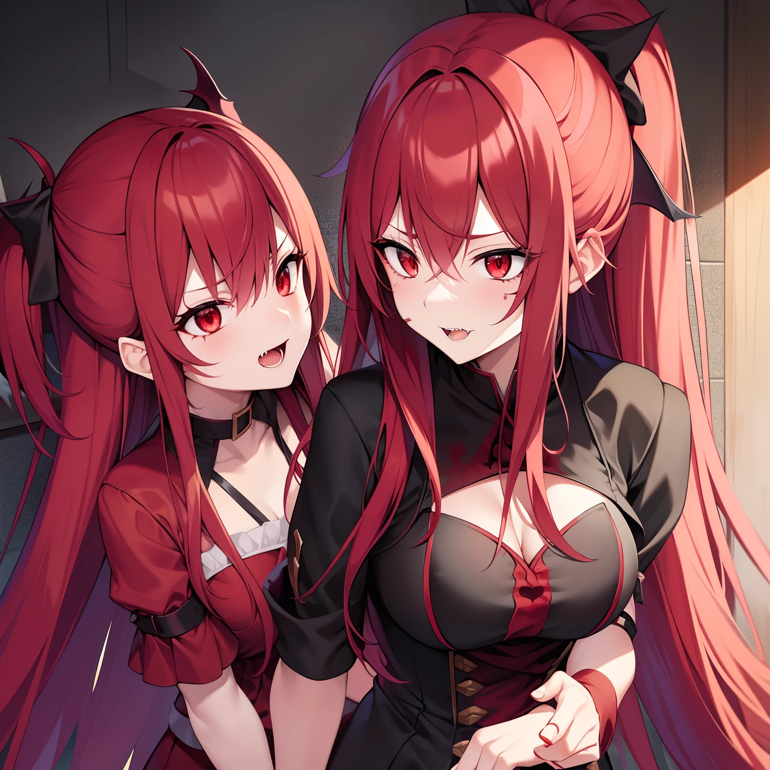 Vampire girl with long red hair、Generate images of your cosplay with a painful face and blood。