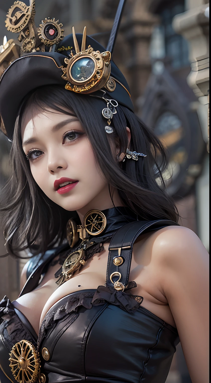 Extreme close-up shot of a beautiful woman in black leather costume posing for photo、Garter Belt、Steampunk Pin-Up Girl、Steampunk girls、steampunk beautiful anime woman、(highly detailed figure)、Beautiful Goddess of Steampunk、steampunk cyberpunk、Wearing steampunk costumes、Wearing a detailed steampunk dress、Extreme Close-up portrait shot、steampunk inventor girl、gothic cathedral garden in background