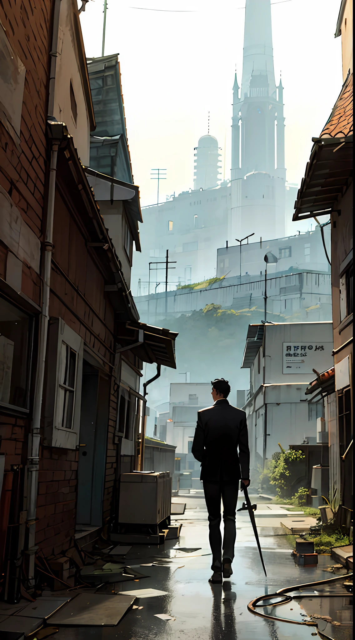 Dusk, dark sky, heavy rain, a young man with a weapon looking at the sky, a dilapidated and desolate city, a building full of plants