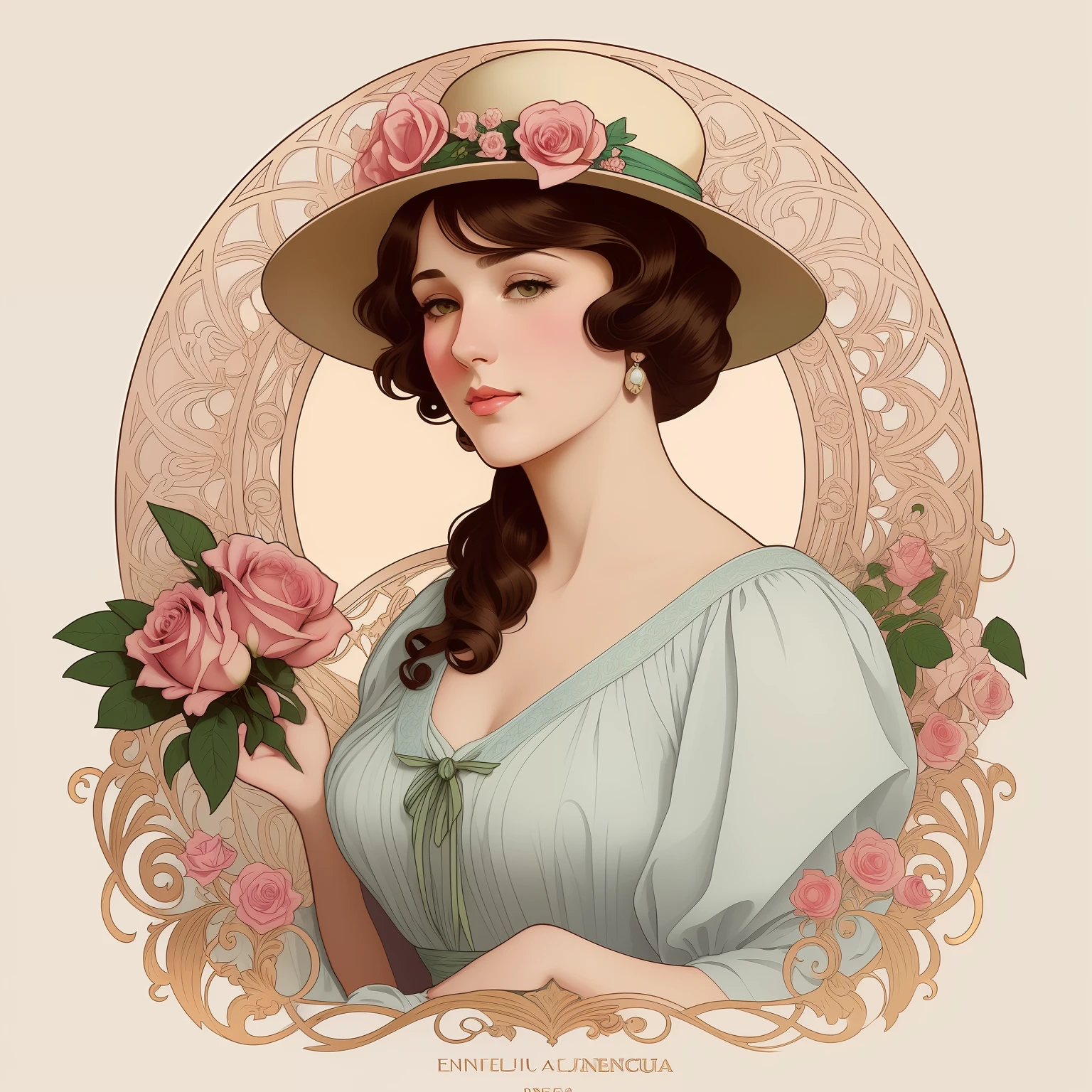 a drawing of a woman in a hat and dressed with roses, beautiful retro art, a beautiful artwork illustration, Retrato Art Nouveau, exquisite digital illustration, inspirado em J.C. Leyendecker, inspirado em J. C. Leyendecker, inspirado em Harrison Fisher, beleza art nouveau mulher, elegante estilo art nouveau, Estilo Alphonse Mucha, Beautiful digital illustration