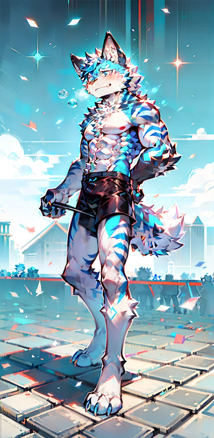 (Single，Male wolves，Mature male，Abs)，（（Men's strong black pvc latex cat black wet appearance full tights）），the white tiger，((blue colors，White fur color))，Blue pupil，Tech black shoulderless,werecreature，((独奏))，((with black background))，((Back figure))，（Be wary of demonstrations），serious-expression，Sharp eyes，Tech shorts，Perspective effect，Suit attire