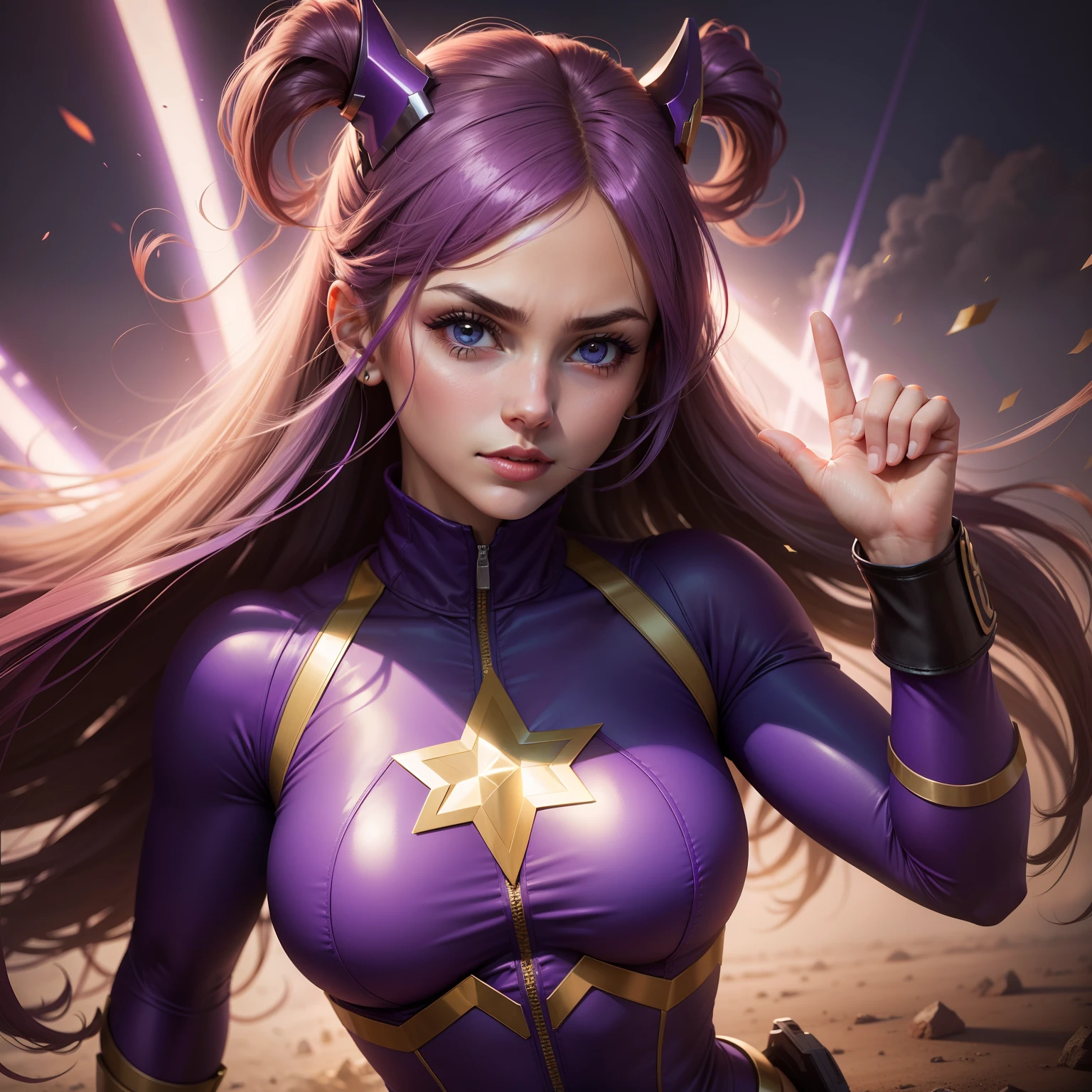 female Starlight Glimmer long Moderate purple with lighter purple and pale light, grayish aquamarine highlights hair super hero miss marvel avengers earth mightiest heroes one piece swimsuit speedo sport shoes gloves