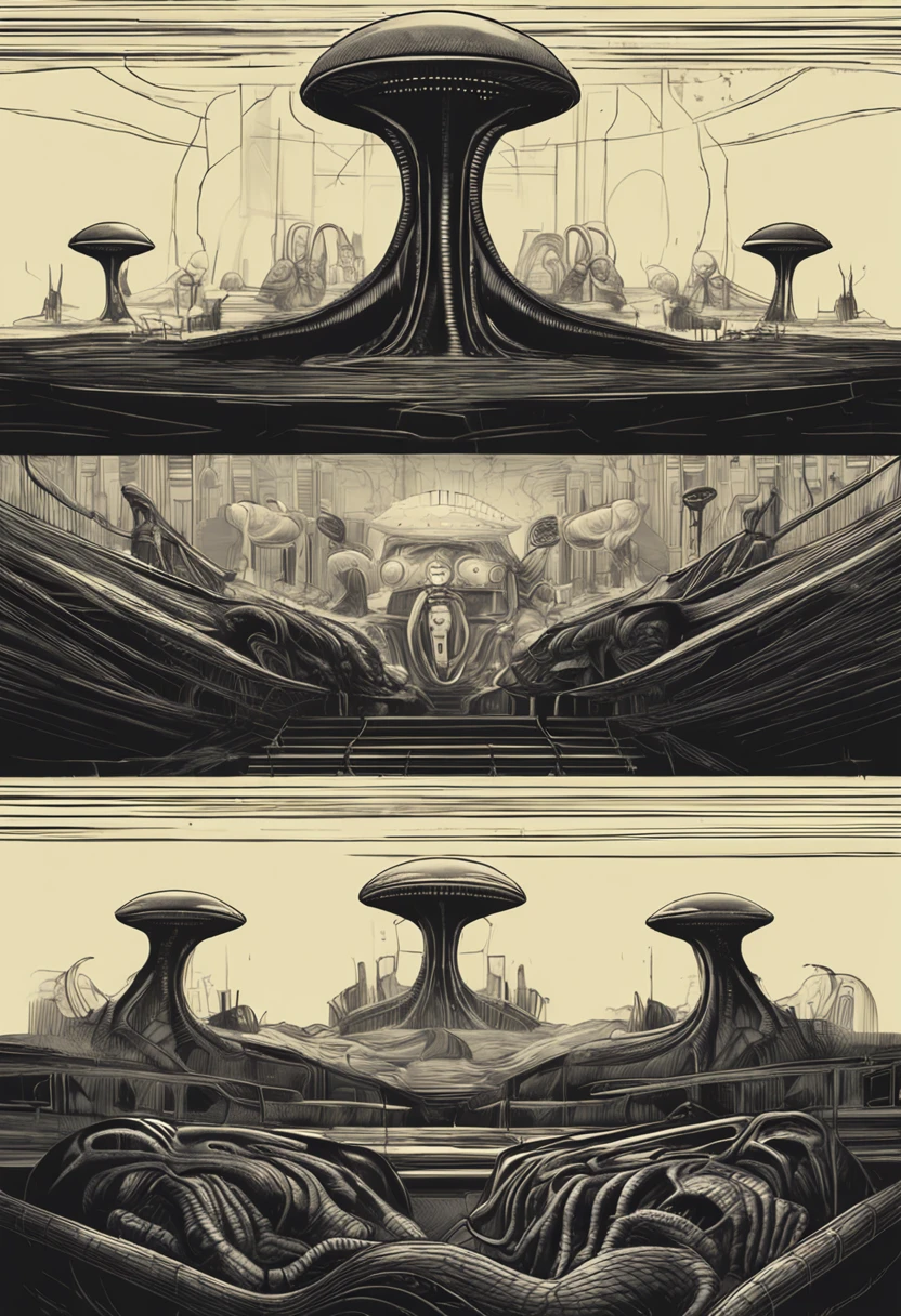 Perfect Human Style Alien Scene HR Giger Style ::n_Style drawing, Low quality defects, human - shaped, games, Anime, black and white