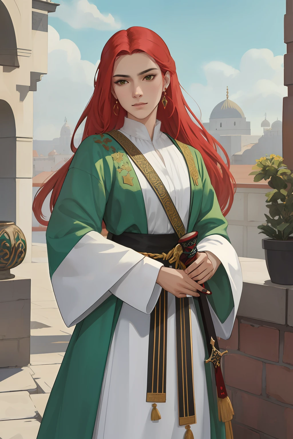 NSFW, obra-prima, melhor qualidade, ultra-detalhado, semi-realista, detailedfacialfeatures,1mulher,Woman wearing clothes from the Ottoman Empire,cabelos compridos vermelhos,olhos verdes,mulher sensual,voluptuosa,seios grandes,bastante feminina,valente,violenta,arrogante,muito bonita,Standing stately holding a Saracen sword,