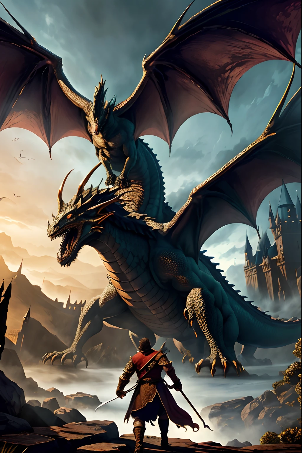 (massive roaring dragon attacking people:1.2) in a midieval city, destroying buildings, fires, destruction, combat, (seen from the street),