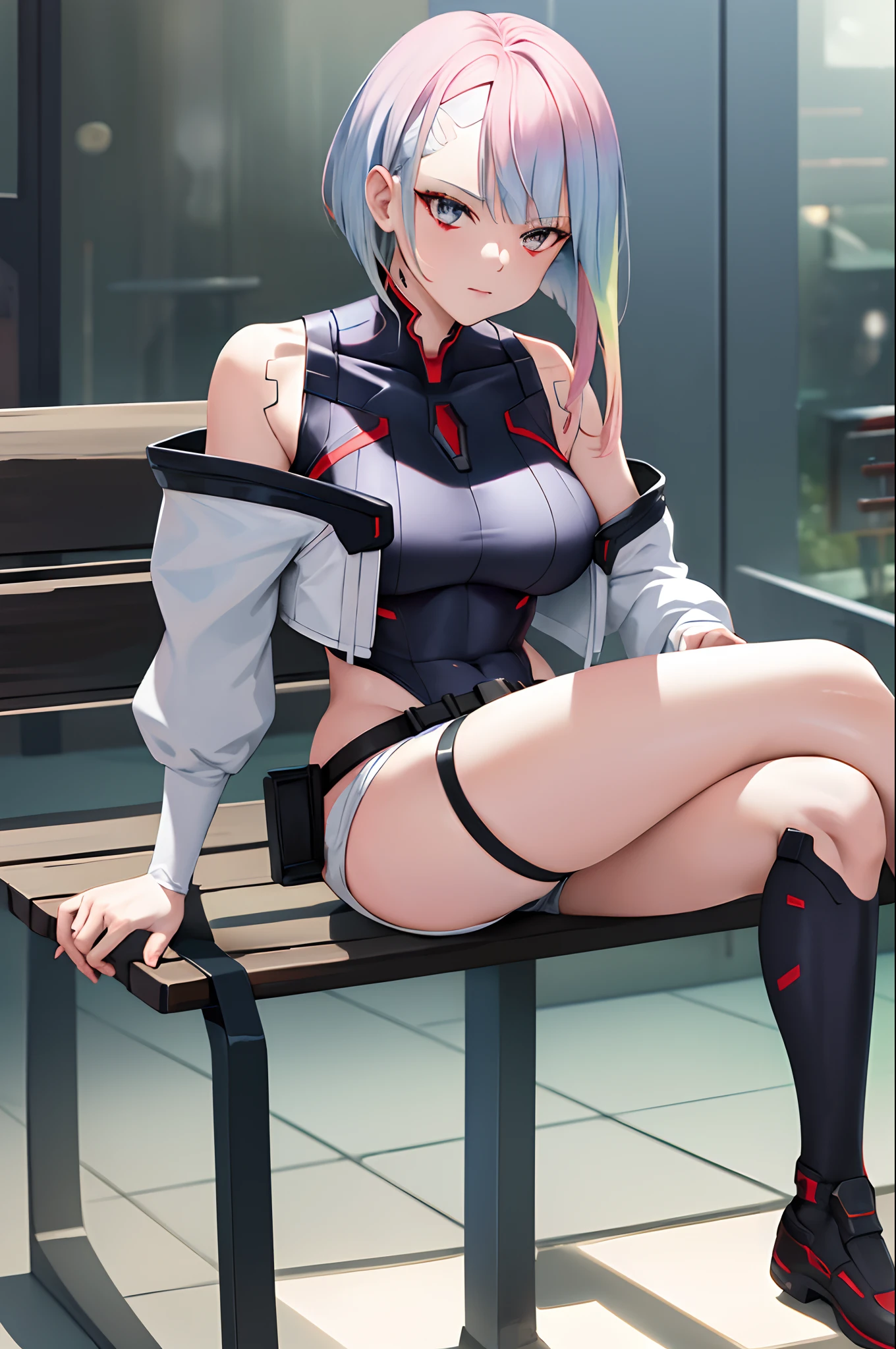 masterpiece, best quality, highres, lu1, cyborg, multicolored hair, makeup, bare shoulders, black leotard, highleg leotard, (thong:1.1), white jacket, open jacket, belt, shorts, cowboy shot, cyberpunk, sitting, crossed legs, bench,