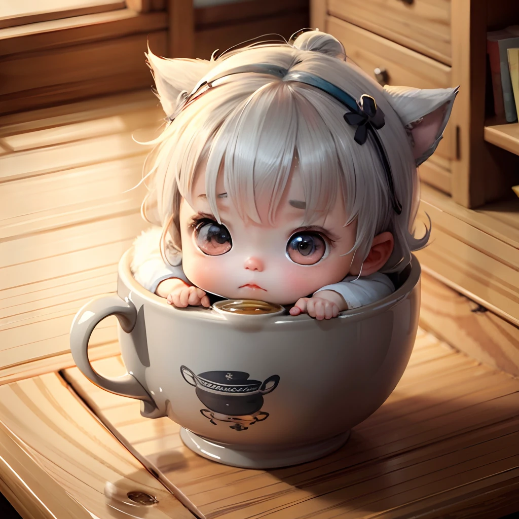 Cute  chibi anime, grey kimono, sit in the tea cup