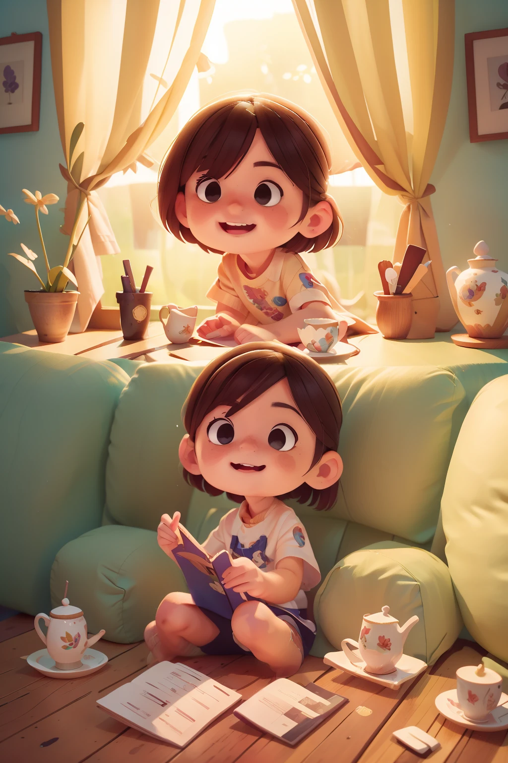 （8K, RAW photos, best qualtiy, tmasterpiece：1.2）, （realisticlying, photograph realistic：1.37）, Hyper-detailing, 超高分辨率, 1个Giant Breast Girl, looking at viewert, beautifull detailed face, ssmile, smal, （Small chest，Thin waist：1.3）, The shirt, Beautiful Details Skin, skin textures, Floating hair, profesional lighting, Read a book and drink tea, The years are quiet, Cinematic lighting, Chiaroscuro, projected inset, Sony FE Universal Seaside，grin