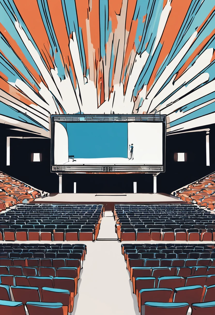 (landscape illustration in anime style ) , de um auditorio, para palestras , with the big screens skirting the auditorium passing stars on the big screens , (auditorium full of people) ,com quatro andares com assentos de madeira com acento estofado de cor azul, e um palco com um microfone na frente das quatro fileiras de assentos com estofado azul, auditorium with wooden floor . ( landscape illustration in anime style ), futuristic and technological auditorium