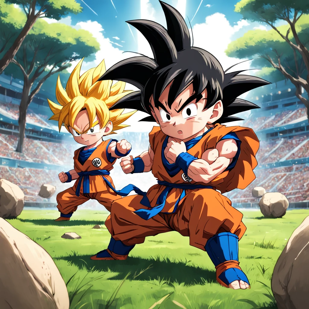 Goku chibi chara em uma pose de luta, em um campo de batalha,com o vedita, e o picolo