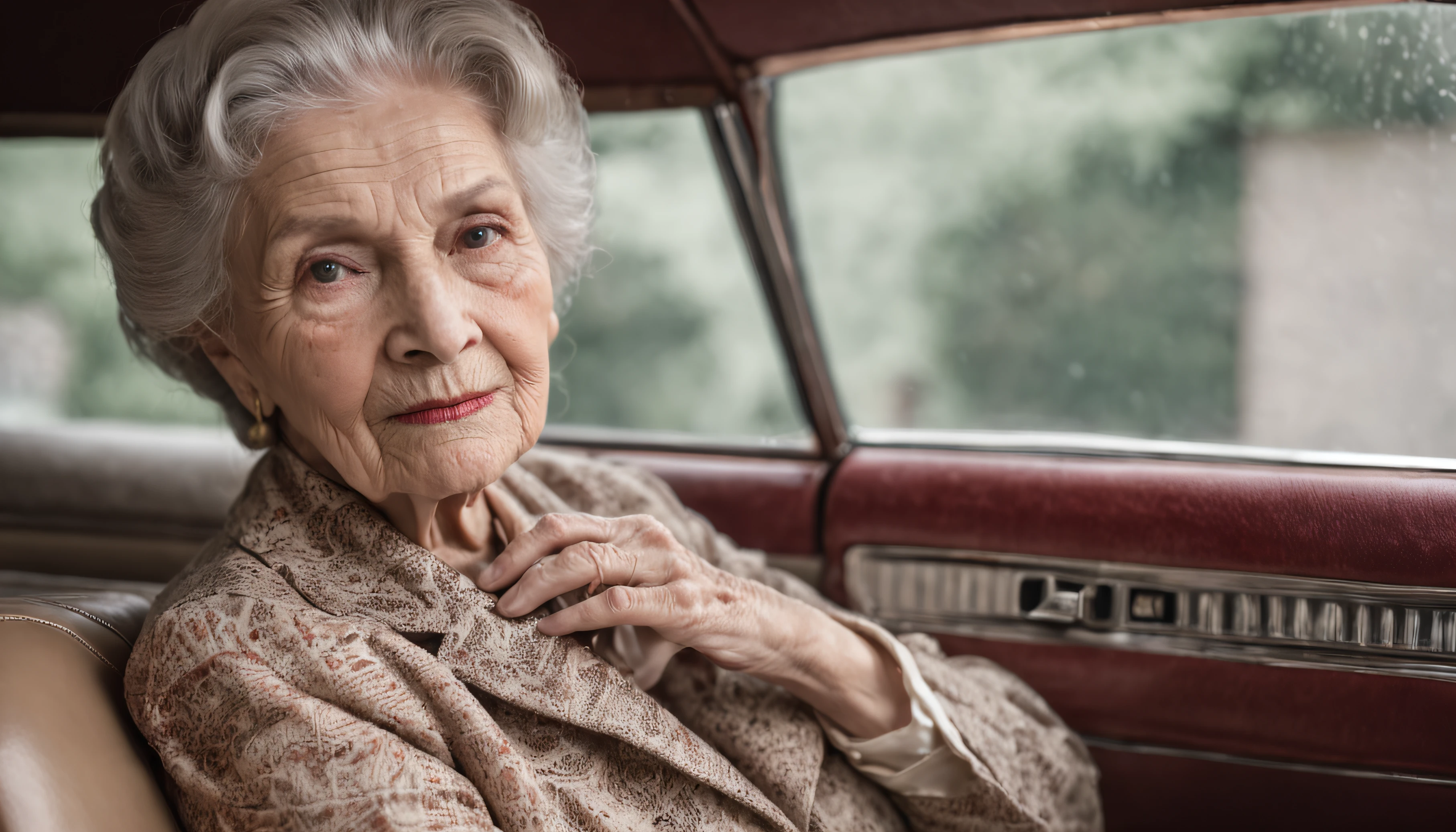 Nostalgic Elegance
Capture a confident OLD-aged WOMAN in the midst of the 1970s era. The fashion, furniture, and architecture should ooze the essence of that time. Enhance the scene with classic cars from the same period to complete the vintage look. Ensure intricate details in attire, surroundings, and automobiles.