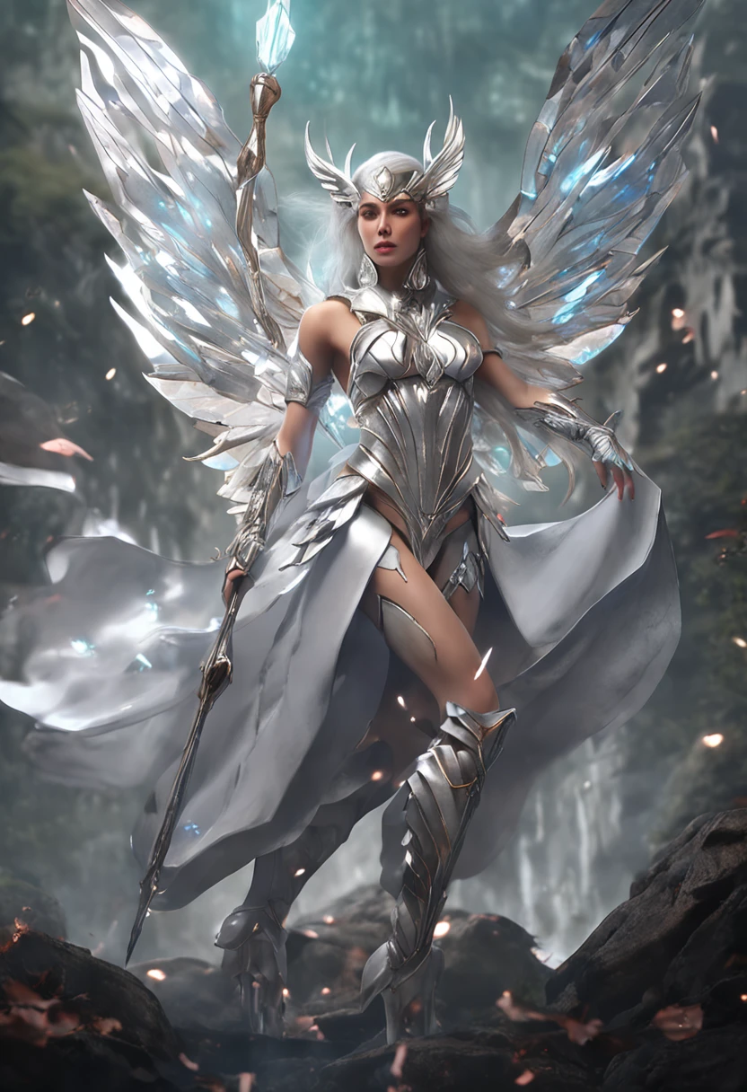 A female fairy wearing an eye patch,Silver crystal wings,Dressed in shiny white armor,Wielding a glowing spear,Gives out a lot of light and a strong shield,The hardest rocks strike the best poses, She shows an aura of positivity and negativity