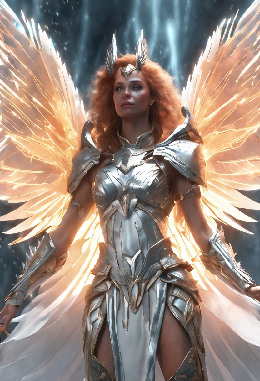 A female fairy wearing an eye patch,Silver crystal wings,Dressed in shiny white armor,Wielding a glowing spear,Gives out a lot of light and a strong shield,The hardest rocks strike the best poses, She shows an aura of positivity and negativity