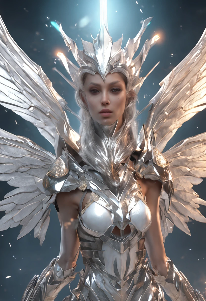 A female fairy wearing an eye patch,Silver crystal wings,Dressed in shiny white armor,Wielding a glowing spear,Gives out a lot of light and a strong shield,The hardest rocks strike the best poses, She shows an aura of positivity and negativity