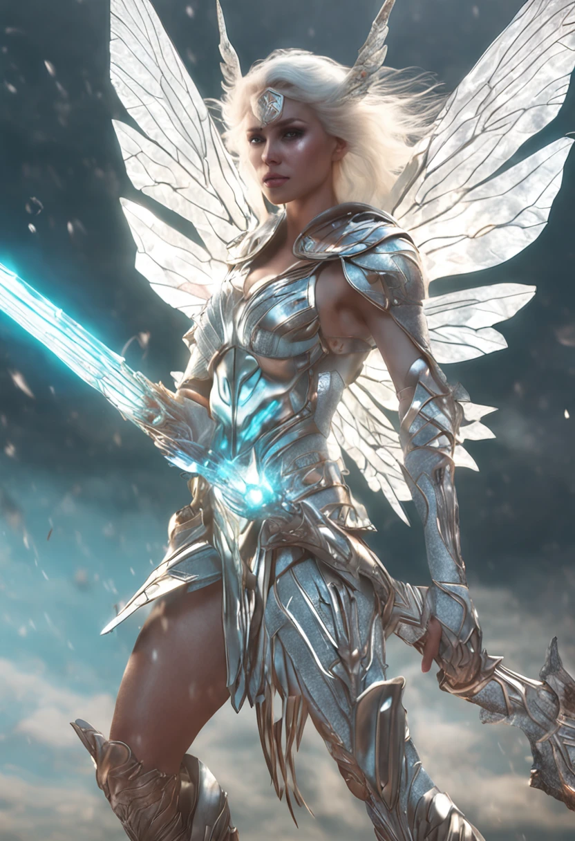 A female fairy wearing an eye patch，Silver crystal wings，Dressed in shiny white armor，Wielding a glowing spear，Gives out a lot of light and a strong shield，The hardest rocks strike the best poses, She shows an aura of positivity and negativity