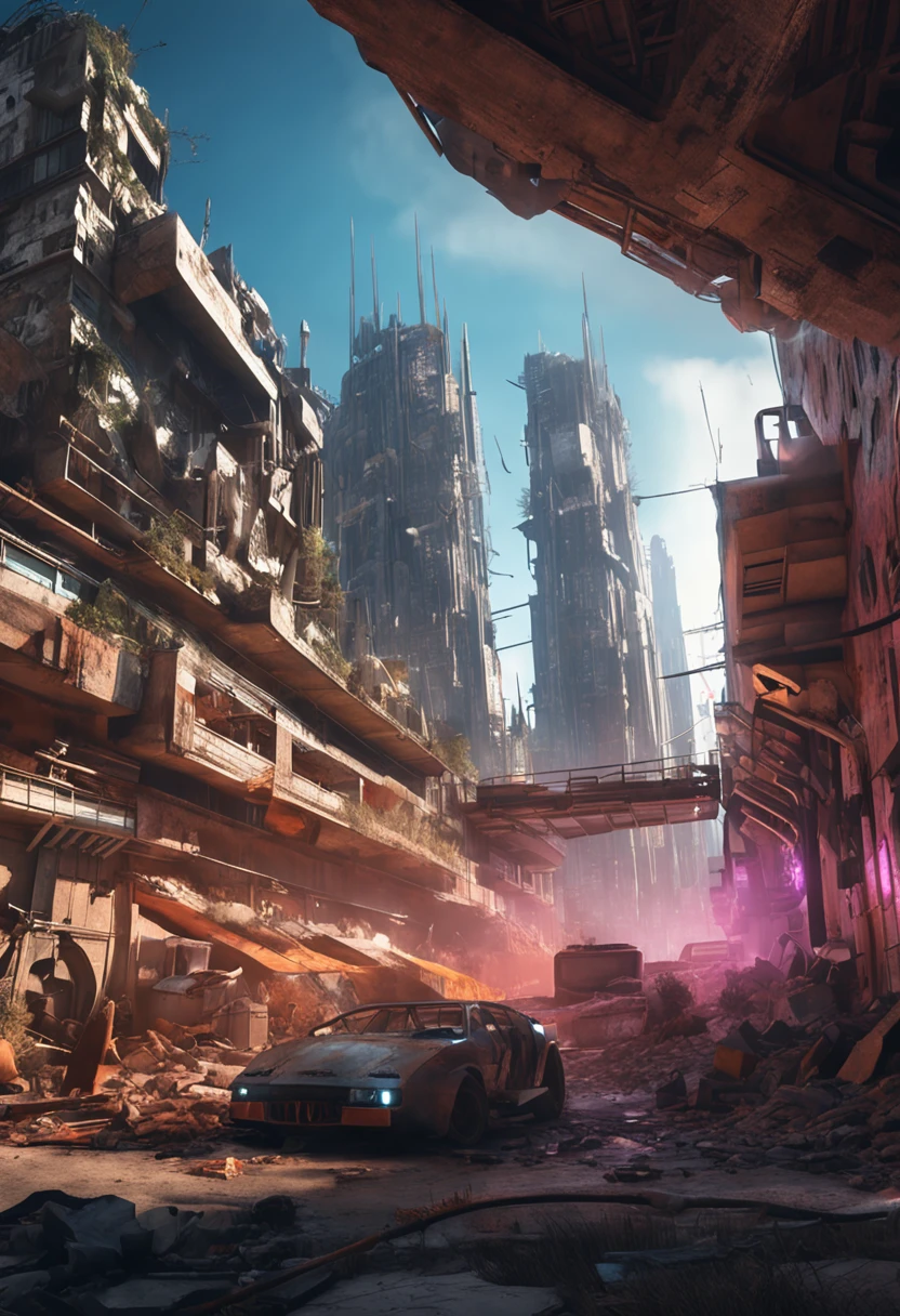 ((masterpiece, best quality)), 8k, modern architectural style, photographrealistic, hyperedetailed photo, Clean skies, Ruined city, cyber punk perssonage, Sateen,group of buildings,
