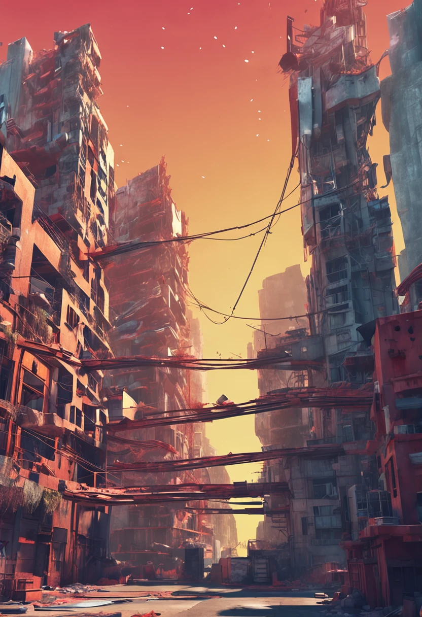 ((masterpiece, best quality)), 8k, modern architectural style, photographrealistic, hyperedetailed photo, Clean skies, Ruined city, cyber punk perssonage, Sateen,group of buildings,