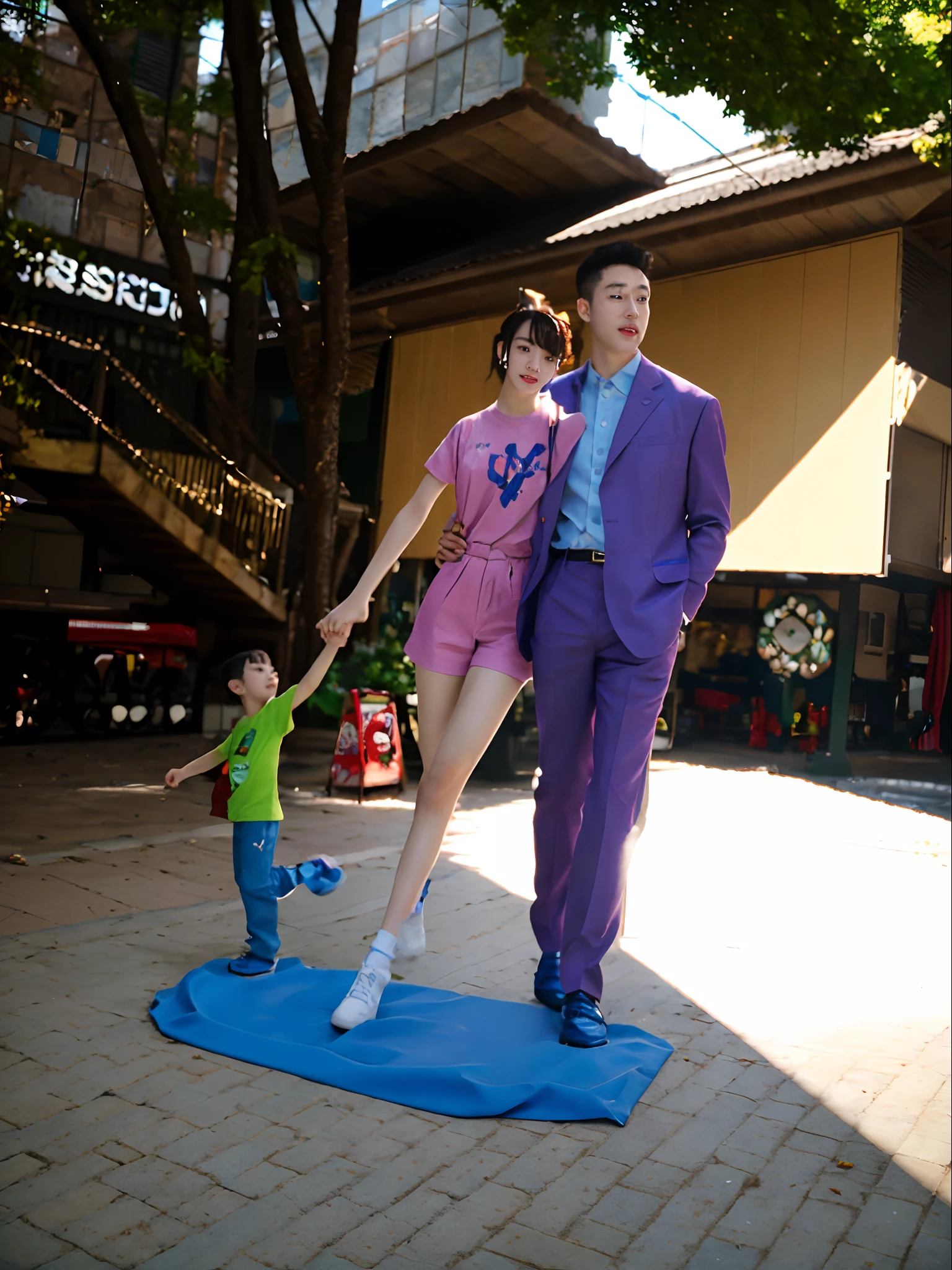 photo of a man, A woman and a young boy hold hands, full body shot of，in distance，taken with a Sony A7R camera, Real records，8K，（tmasterpiece：1.3），Works of masters，超高分辨率，Cinematic lighting effects，super detailing，