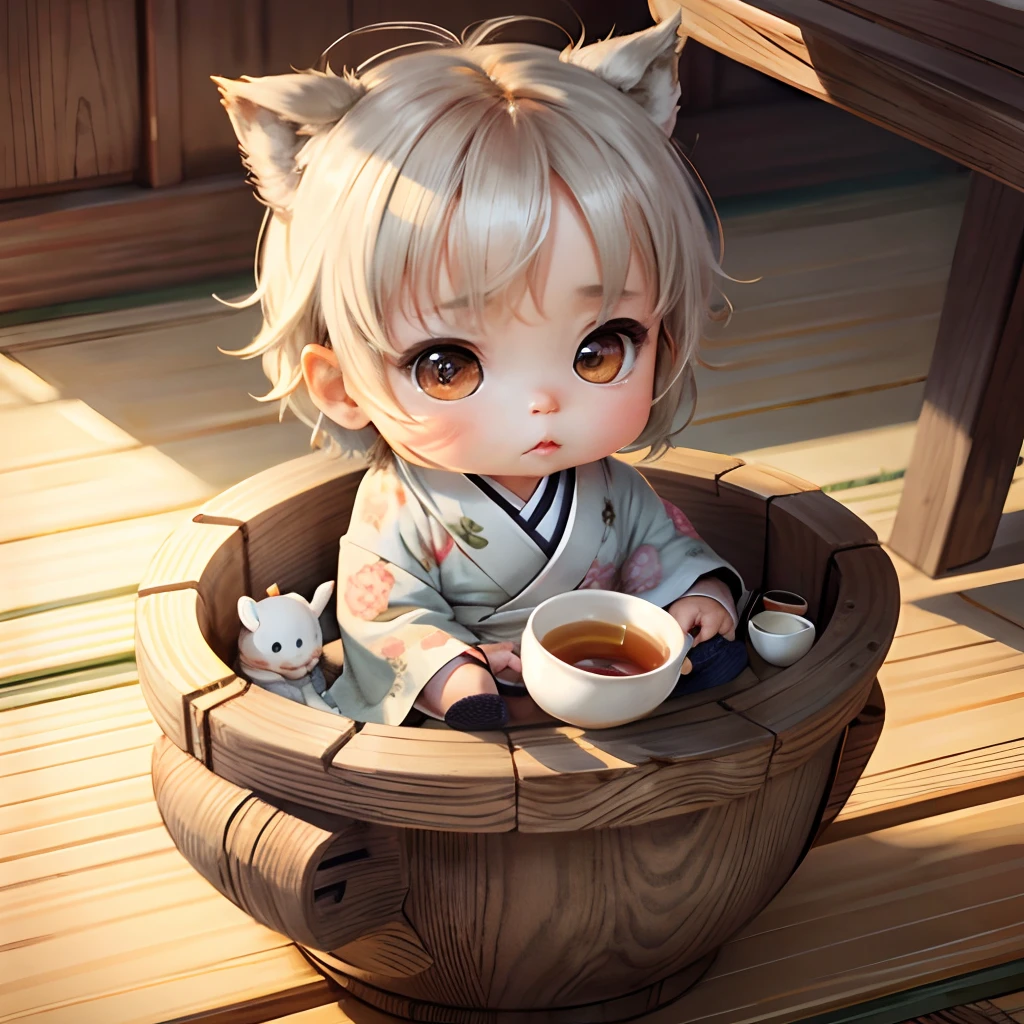Cute chibi anime, grey kimono, sit in the tea cup