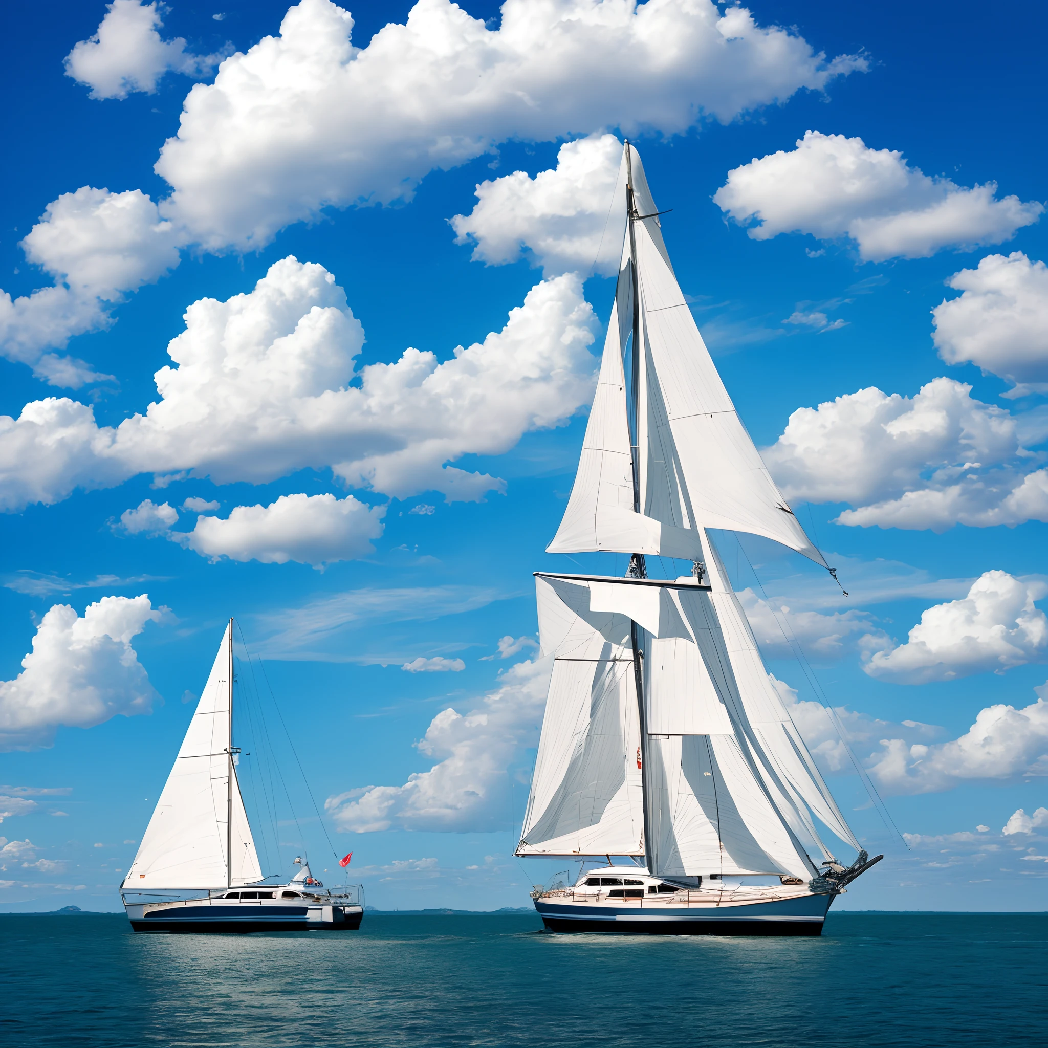 Blue sky, white clouds, a sailboat travels far away