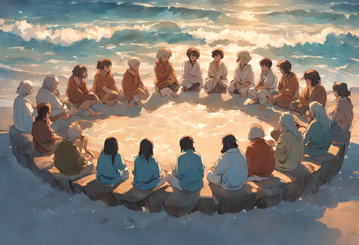 A moving scene of Socrates sharing a deep reflection by the sea, enquanto as ondas suaves beijam a praia, a diverse group of listeners sitting in a circle around him, absorbing each word with intense concentration, Arte digital, tons de azul e dourado para destacar o ambiente