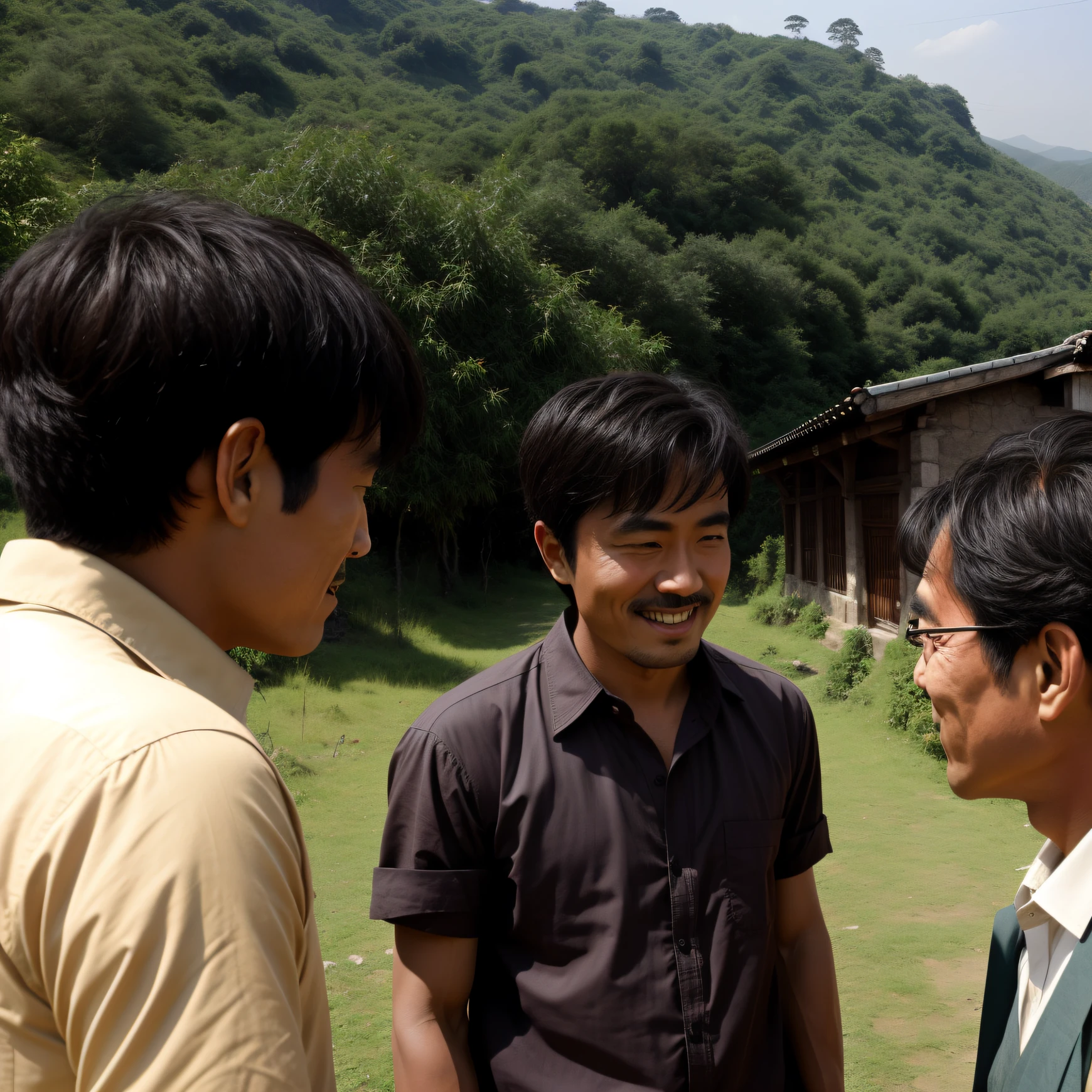 Dynamic scene of three men talking in a village,Still images of the movie,Inspired by Kojousi's work,Present wonderful character interactions and magnificent panoramic views of the landscape。