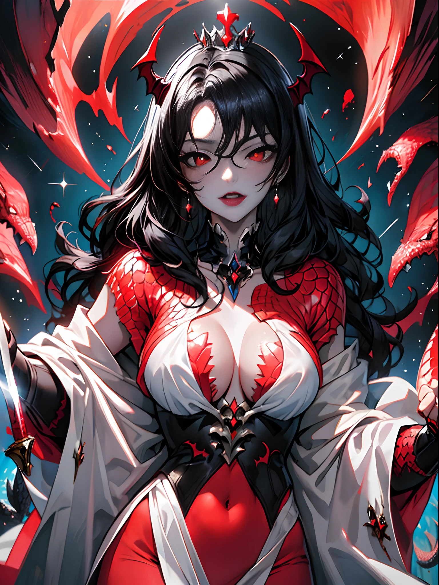 (masterpiece, best quality), 1lady, solo, (white Scales), (((scaly body))), black hair, loose waves, red eyes, (vampire), big breasts, naked, royalty, empress,lens flare, goddess, magic sword in hand, sword scattered around, out of coming out of a black hole,