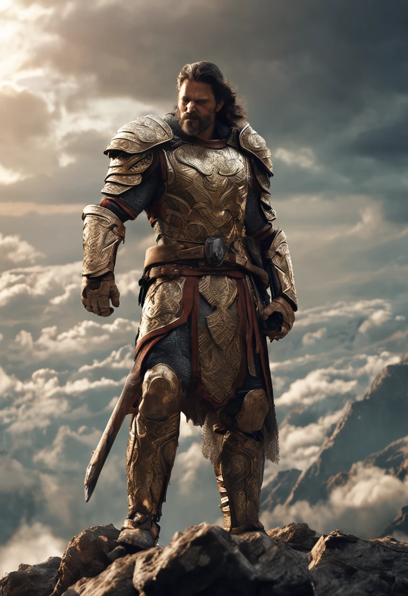 a close up of a person in armor holding a sword, Complex armor patterns,Golden armor,Stand on top of a high mountain,Clouds in the sky surround the sun,(professional 3d render:1.3) af (Realistic:1.3) The most beautiful artistic photo in the world,soft features, Brilliant male hero, ((Epic hero rough fantasy muscle male wet hero angry looking long hair, short beard and fierce expression in dynamic pose, Fantastic location, Majestic and cluttered environment)), Full body 8K unit rendering, action shot, skin pore, very dark lighting, heavy shading, A detailed, Detal Face, (vibration, Realistic photography, Realistic, Dramatic, darkly, foco nítido, 8K), (Old leather clothing damaged due to bad weather:1.4), ((((Use skins)))), (复杂:1.4), decadent, (highly detailed:1.4), digitial painting, rendering by octane, art stations, concept-art, Liso, foco nítido, illustration, From the germ of art, (loish:0.23), wlop ilya kuvshinov, e Greg Rutkowski e Alphonse Mucha Gracias, (global ilumination, studiolight, Light volume), very heavy rain, Floating particles, lotr, fanciful, biz, Inteiroesbian body, ((Dark and ancient city background:1.3)),CGSesocieda,art stations
