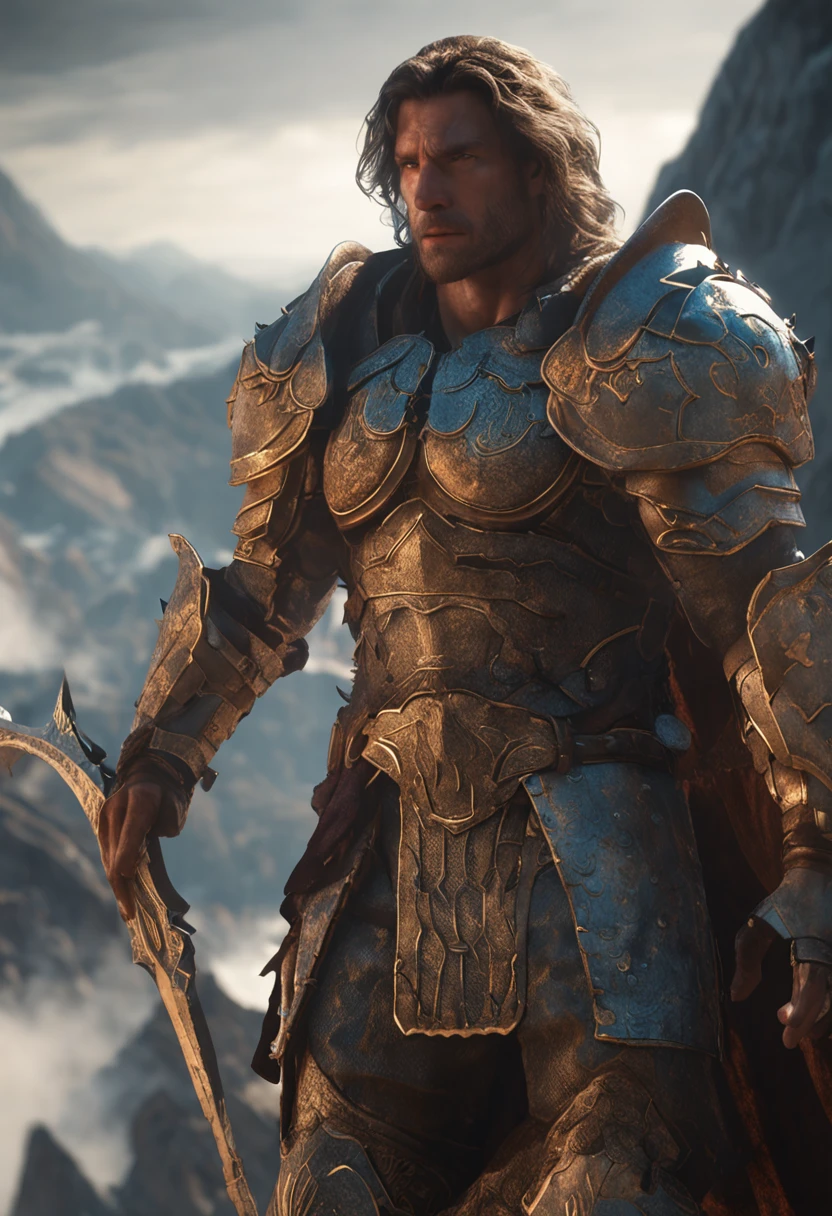 a close up of a person in armor holding a sword, Complex armor patterns,Golden armor,Stand on top of a high mountain,Clouds in the sky surround the sun,(professional 3d render:1.3) af (Realistic:1.3) The most beautiful artistic photo in the world,soft features, Brilliant male hero, ((Epic hero rough fantasy muscle male wet hero angry looking long hair, short beard and fierce expression in dynamic pose, Fantastic location, Majestic and cluttered environment)), Full body 8K unit rendering, action shot, skin pore, very dark lighting, heavy shading, A detailed, Detal Face, (vibration, Realistic photography, Realistic, Dramatic, darkly, foco nítido, 8K), (Old leather clothing damaged due to bad weather:1.4), ((((Use skins)))), (复杂:1.4), decadent, (highly detailed:1.4), digitial painting, rendering by octane, art stations, concept-art, Liso, foco nítido, illustration, From the germ of art, (loish:0.23), wlop ilya kuvshinov, e Greg Rutkowski e Alphonse Mucha Gracias, (global ilumination, studiolight, Light volume), very heavy rain, Floating particles, lotr, fanciful, biz, Inteiroesbian body, ((Dark and ancient city background:1.3)),CGSesocieda,art stations