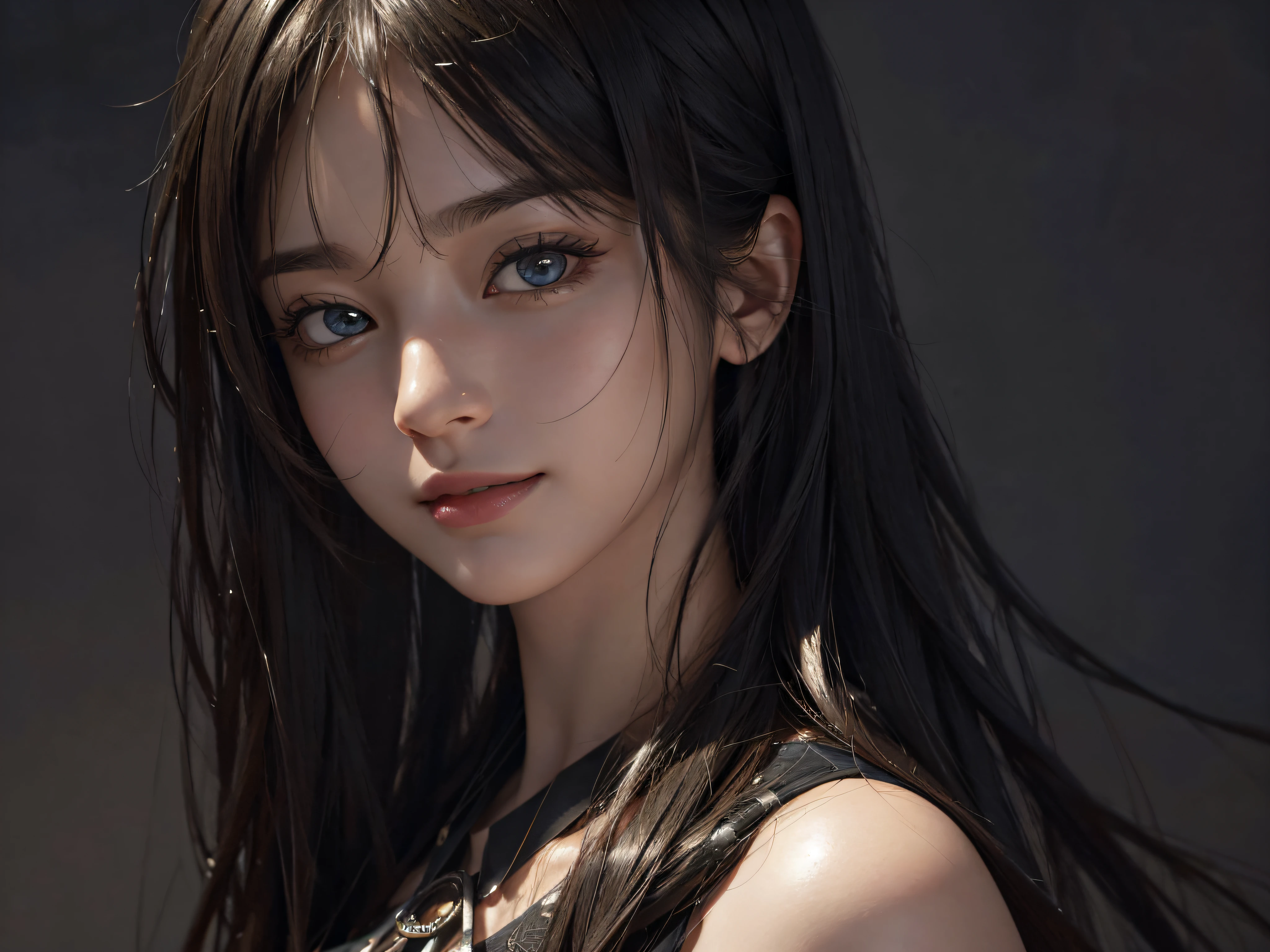 (Ultra Realistic), (Illustration), (Increased Resolution), (8K), (Extremely Detailed), (Best Illustration), (Beautiful and Detailed Eyes), (Best Quality), (Ultra Detailed), (Masterpiece ), ( wallpaper), (detailed face), solo, 1 girl, looking at viewer, fine details, detailed face, in the dark, deep shadows, low key, pureerosfaceace_v1, smiling, long hair, black shawl straight hair , 46 points oblique bangs