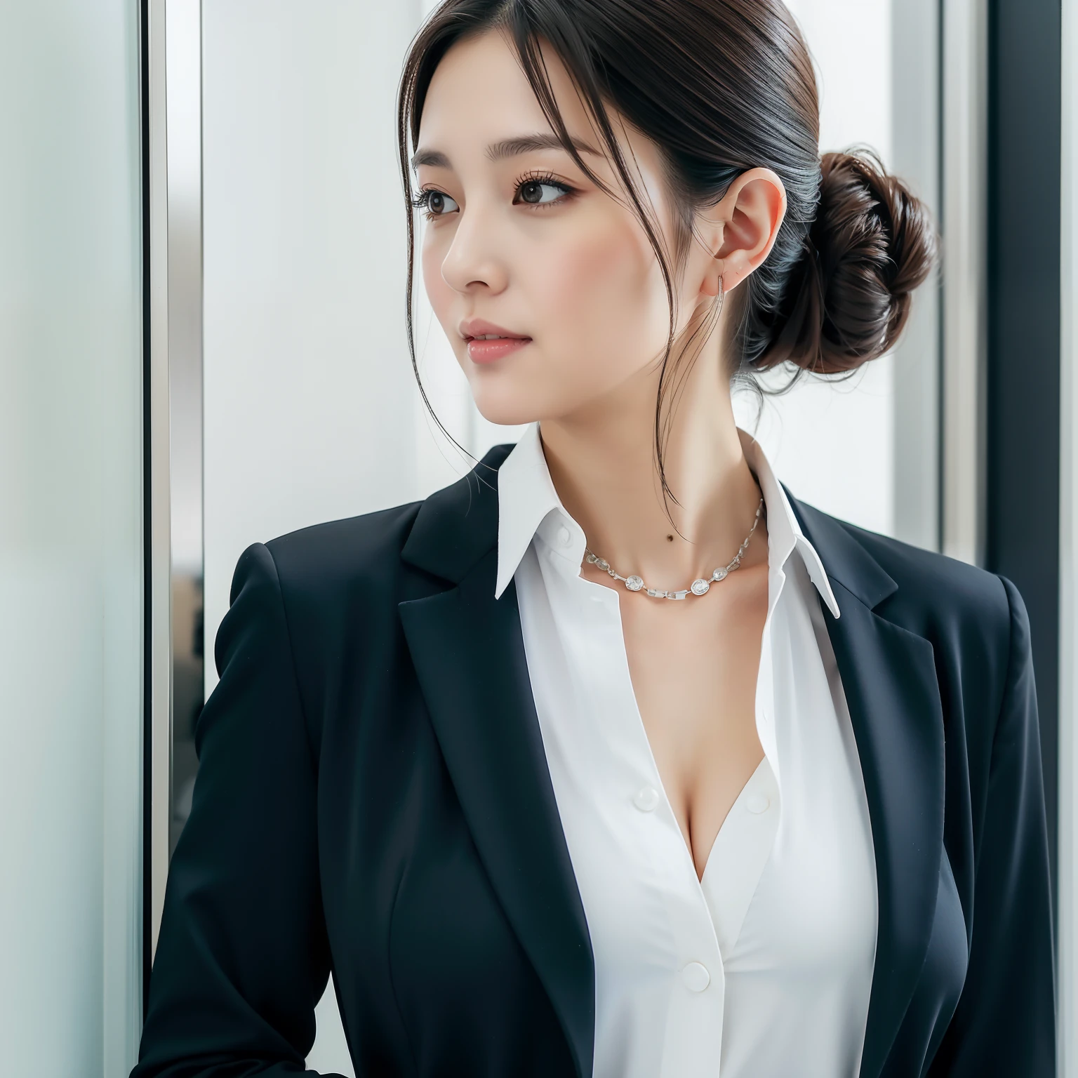 Create an image of a professional Japanese woman dressed as an office worker (OL). She is wearing a fitted black blazer with a crisp white blouse underneath. Her outfit exudes sophistication, and a subtle silver necklace adds a touch of elegance." Her dark hair is neatly pulled back in a stylish bun, accentuating her strong yet graceful facial features. Behind her, a modern office environment with clean lines and elegant embellishments illustrates her work environment