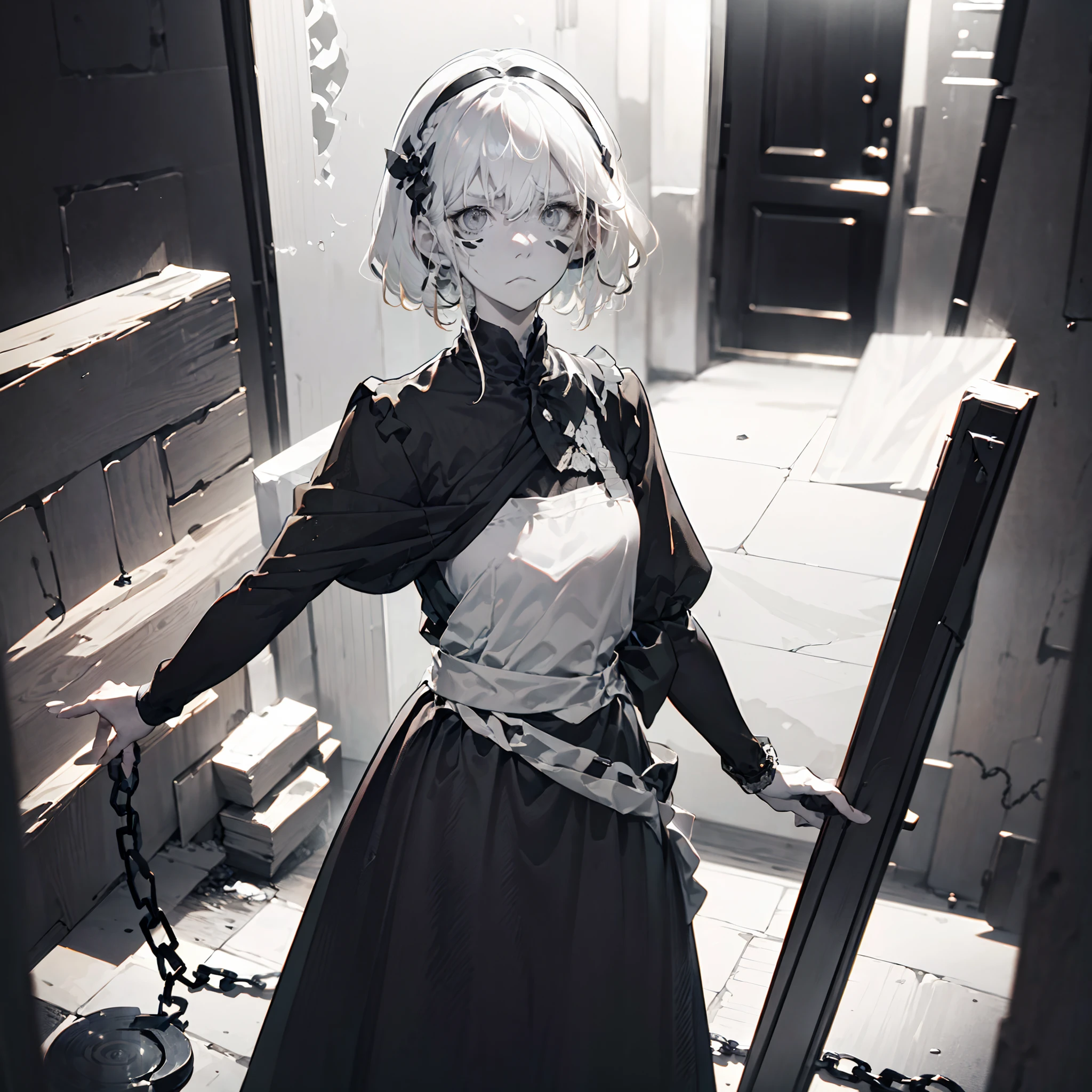 (1girl:1.9), (colorful wide-angle shot of beautiful elegant anime catgirl maid alone and getting off work for the evening and turning a key to lock the closed door of the cafe business that she owns in the filthy city), (paranoid winsome catgirl waitress dressed in black and white closing up shop for the evening:1.9), (nervous vulnerable catgirl hostess putting key into business door's lock), (exhausted catgirl maid next to grungy dark alley), (anxious pretty catgirl maid in front of cafe's door in city at night), (full view of the urban storefront behind catgirl maid), (black chains dangling in cafe windows), (iron chains hanging above teahouse door), (nekomusume woman alone in the dangerous city at night), (dutch angle), (distracted catgirl maid is looking away from you), (catgirl maid is not looking at the viewer), (she doesn't know you're there), (catgirl maid holding large silver door-key and) wearing chain as a belt), (clean detailed anime face:1.9), (shoulder-length gloves), (chain wrapped around her waist)++++, (key attached to her chain-link belt)+++, (neat straight white bobcut)+++++, (silver-haired bowlcut haircut with black bangs), tired from working too hard, sighing, releasing a sigh, blank wide-eyed stare, unsettling spooky deadpan facial expression, (grey eyes)++, flat affect, slight frown, angry at you for interrupting her, catgirl maid with zombie-like stare, furrowed brow, skeptical expression, mature female, 30 years old, (black-and-white zebra striped hair), (some black-dyed stripes in hair), (some white-dyed stripes in her hair), colorful, in the grimdark style of yoshitaka amano's vampire hunter d, (unusual camera angle)+++++, in clean detailed anime art style, gothic, holy, in the complementary styles of various different randomly-selected anime, gravestones and crucifixes, two-tone hair, (one black cat ear and one white cat ear), black hair highlights, white hair highlights, (black and white hair:1.9), urban storefront behind her,