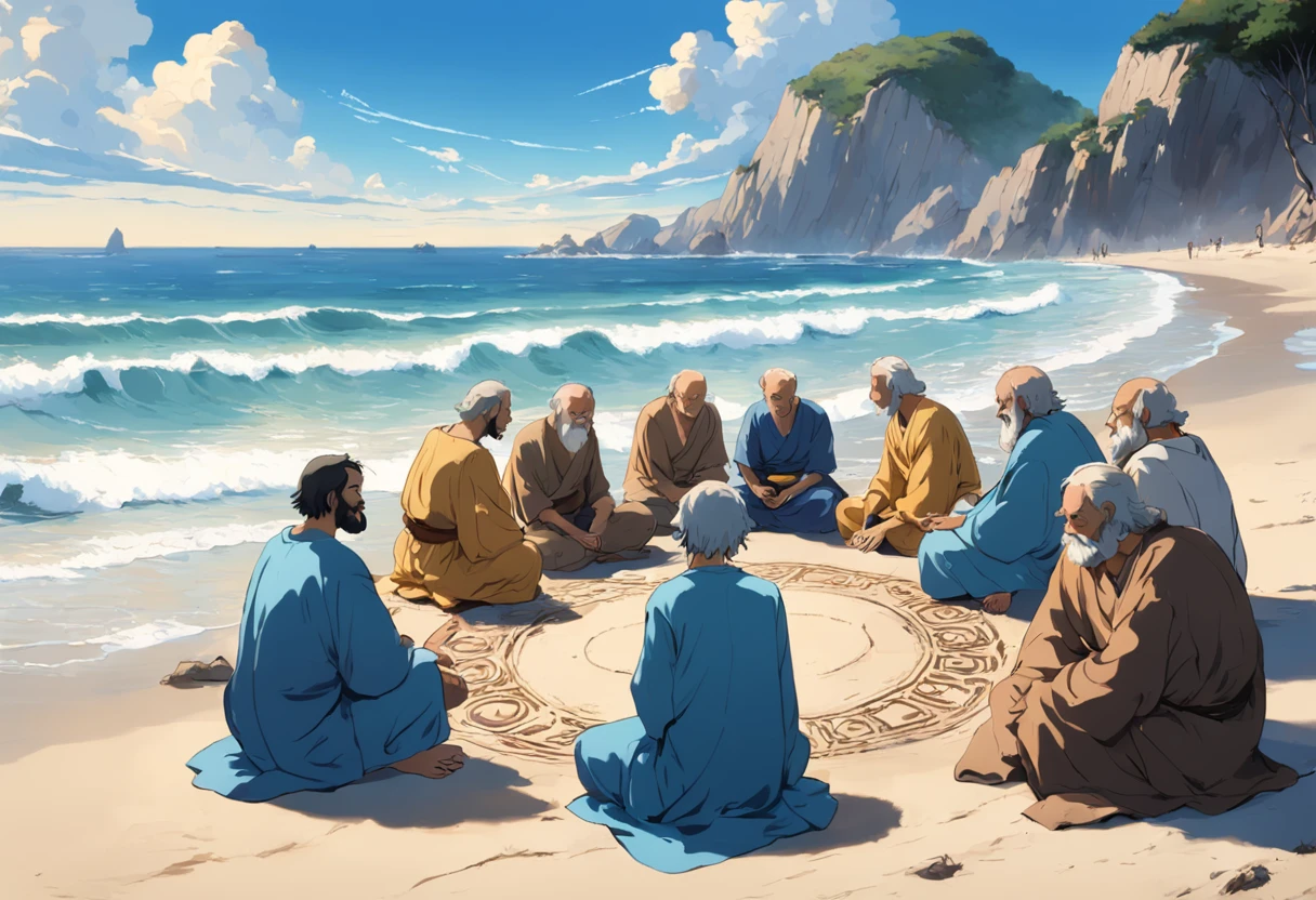A moving scene of Socrates sharing a deep reflection by the sea, enquanto as ondas suaves beijam a praia, a diverse group of listeners sitting in a circle around him, absorbing each word with intense concentration, Arte digital, tons de azul e dourado para destacar o ambiente