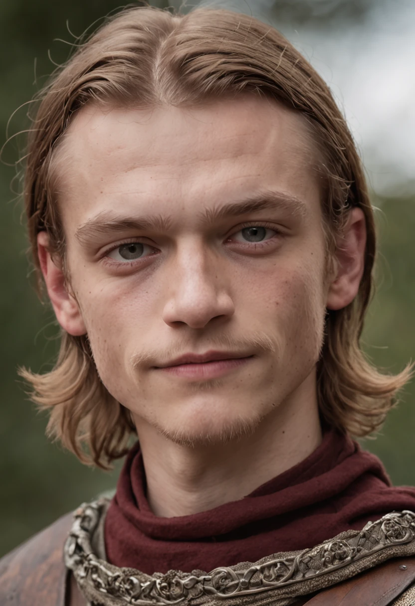 Portrait Photography, face shot of a mix between Caleb Landry Jones Luke Grimes and Dane DeHaan as a medieval fantasy 9 year-old boy acrobat, very young adolescent, slim, revolting looks, uneven face, emaciated, ashen blonde short scruffy hair, slightly crazy wide open smile, bags under the eyes, troublemaker, outgoing, devil-may-care attitude, sly expression, medieval fantasy acrobat fabric clothes, in a medieval fantasy town, The colors are masterfully captured by Nikon D850 and a Nikon AF-S NIKKOR 70-200mm f/2.8E FL ED VR lens, Peter Jackson, fantasy, historical