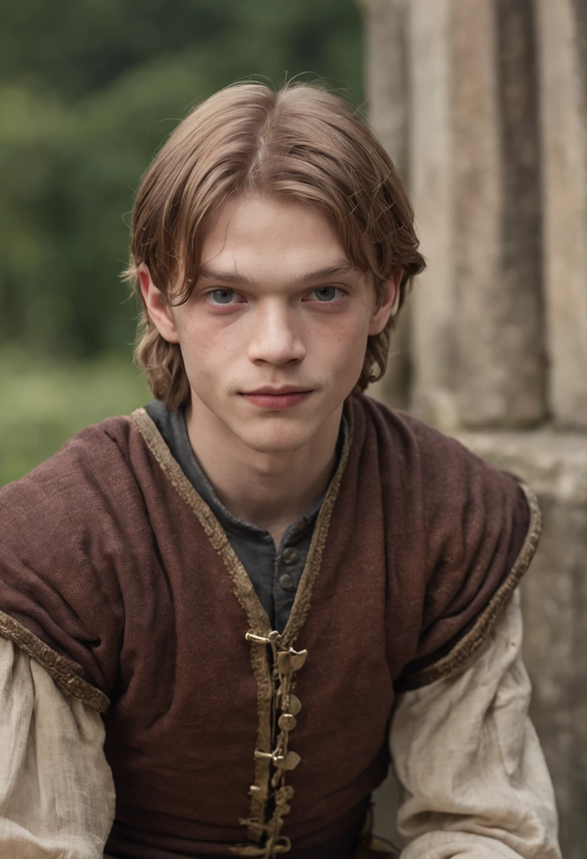 Portrait Photography, face shot of a mix between Caleb Landry Jones Luke Grimes and Dane DeHaan as a medieval fantasy 9 year-old boy acrobat, very young adolescent, slim, revolting looks, uneven face, emaciated, ashen blonde short scruffy hair, slightly crazy wide open smile, bags under the eyes, troublemaker, outgoing, devil-may-care attitude, sly expression, medieval fantasy acrobat fabric clothes, in a medieval fantasy town, The colors are masterfully captured by Nikon D850 and a Nikon AF-S NIKKOR 70-200mm f/2.8E FL ED VR lens, Peter Jackson, fantasy, historical